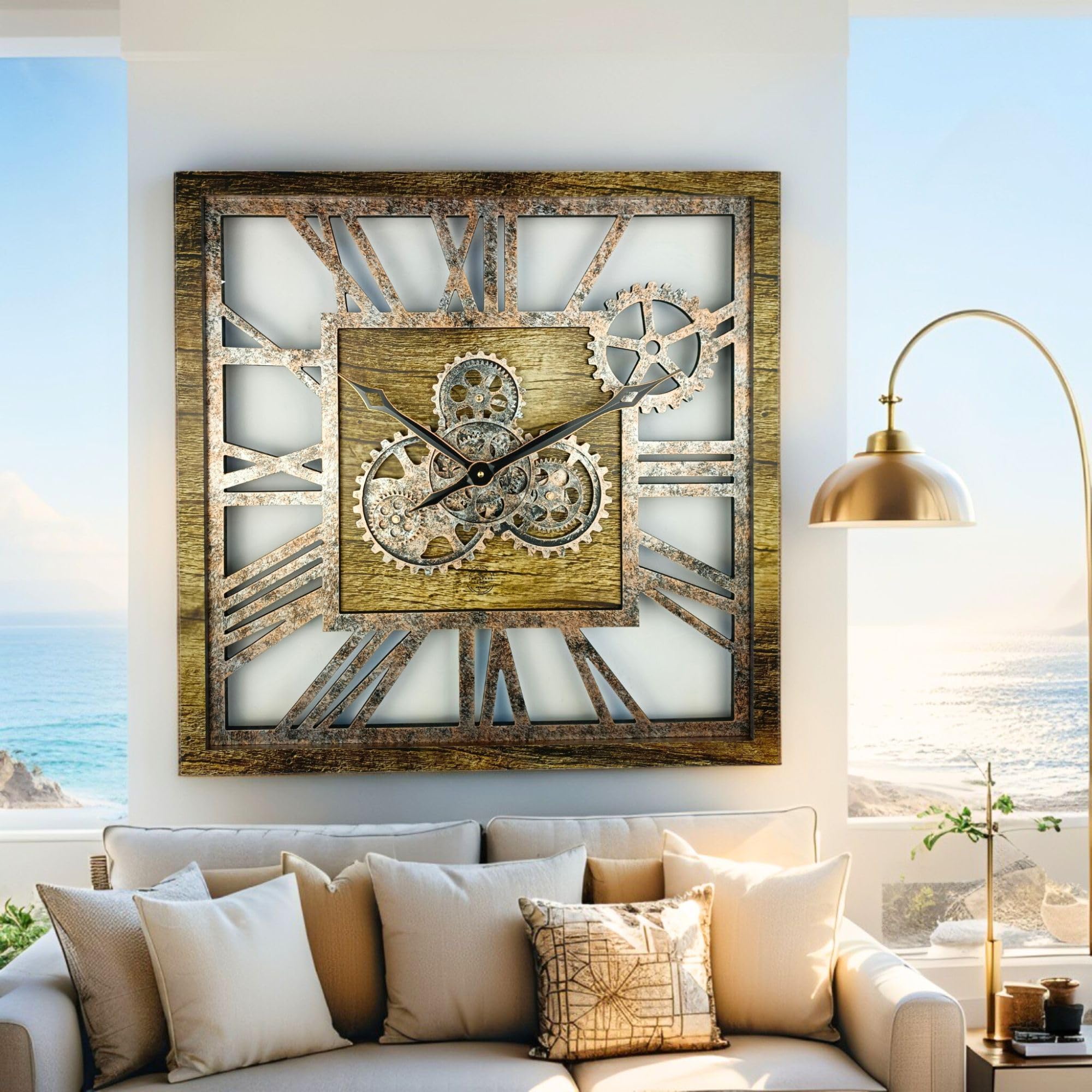 ImprovingLife The Gears Clock 61 cm (24 Zoll) quadratische Wanduhr mit echten beweglichen Zahnrädern, Vintage Industrial, übergroß, rustikales Bauernhaus (Gold Antik)