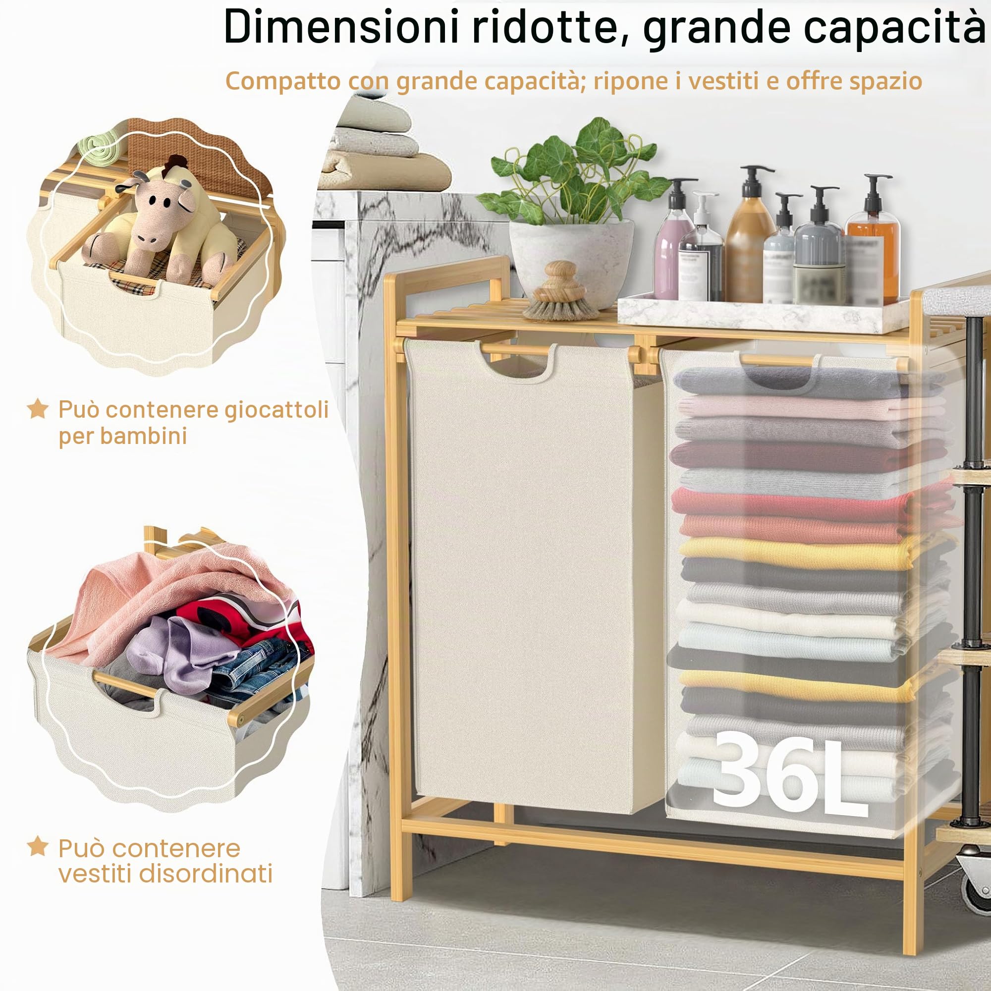 UISEBRT Cesto portabiancheria in bambù con 2 scomparti, 72 l, in tessuto Oxford, sistema di stendibiancheria rimovibile e lavabile, 73 x 64 x 33,5 cm, beige