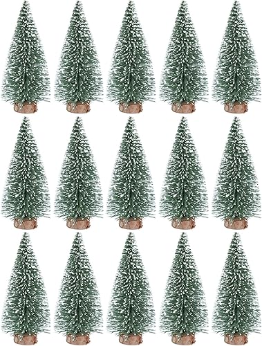 Didiseaon Árbol de Navidad en miniatura, 15 unidades, mini árboles de Navidad con purpurina, botella de árbol de sisal con pincel, adornos de pino