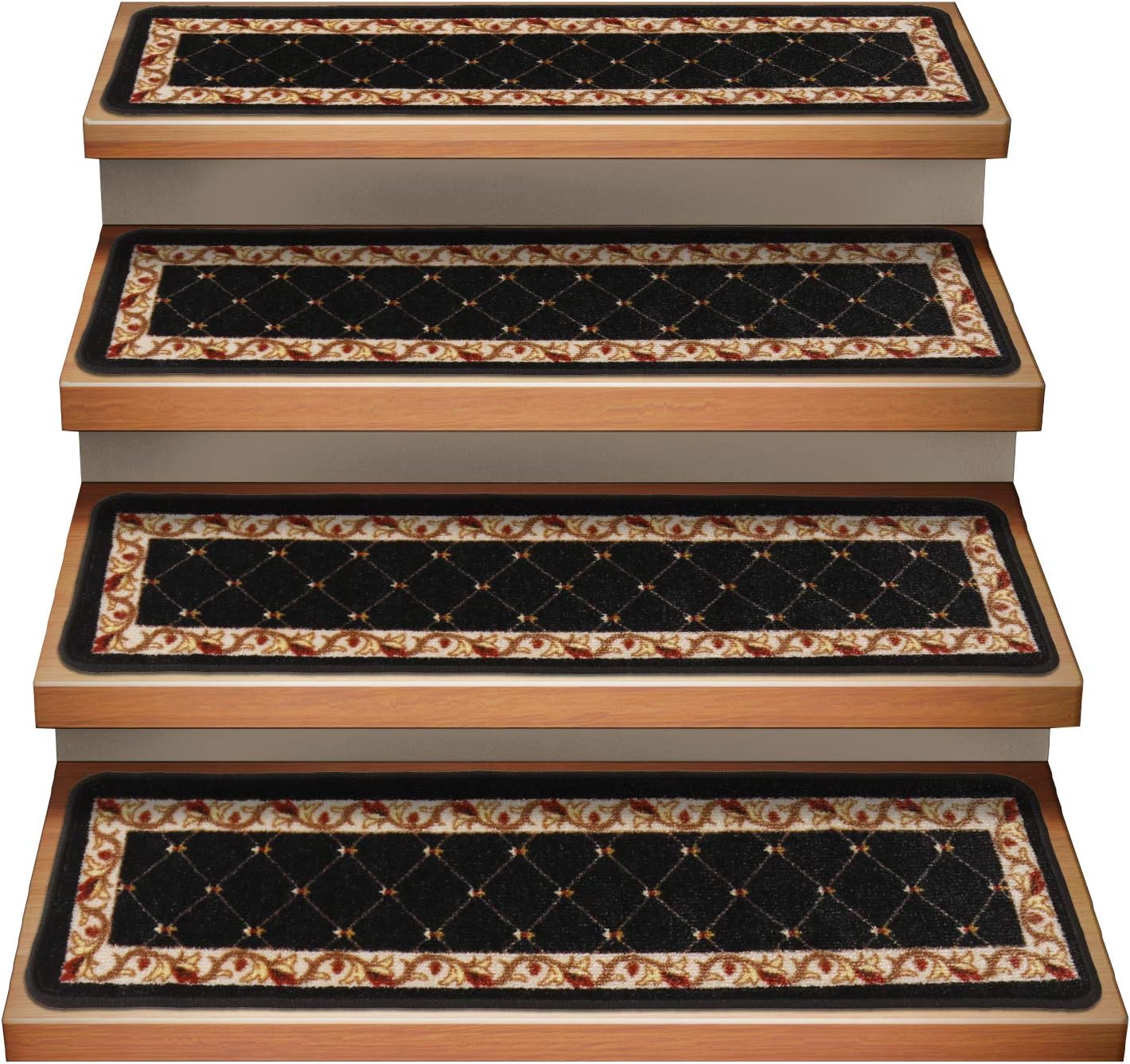 House, Home and More Set of 15 Attachable Indoor Carpet Stair Treads - Traditional Trellis Lattice with Floral Border - Ebony Black - 8 Inches X 26 Inches