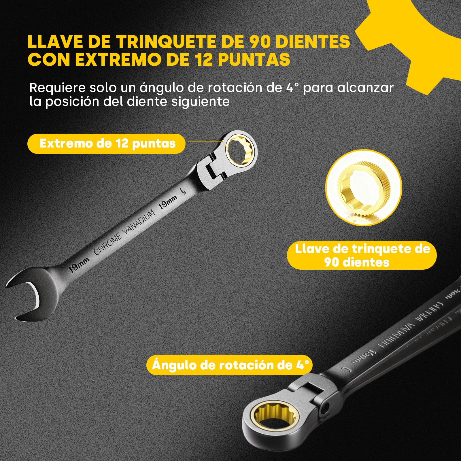 Enventor Llaves Fijas con Carraca de 14pcs, Juego de Llaves Combinadas con Carraca 6mm a 19mm, Acero Cromo Vanadio, Niquelado Negro, 90T, Cabezal Giratorio de 180°, Arco de Giro de 4°, Caja