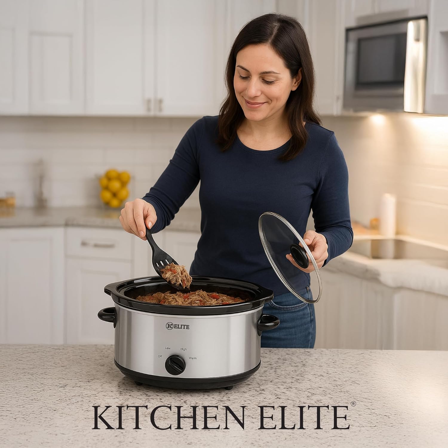 Kitchen Elite 6 Quart Slow Cooker for Large Families, Stainless Steel Crock Pot with 3 Heat Settings, Dishwasher-Safe Ceramic Pot & Tempered Glass Lid