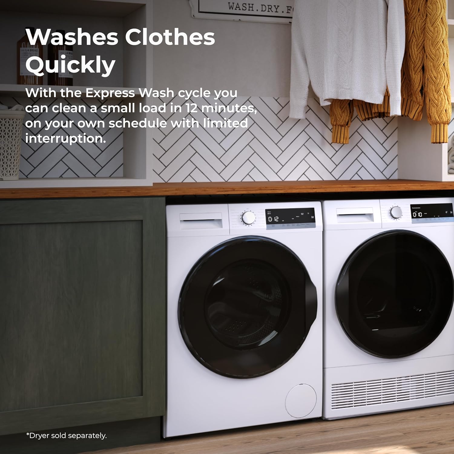 Kenmore compact washer in a laundry room setting, emphasizing its Express Wash cycle that cleans small loads in 12 minutes.