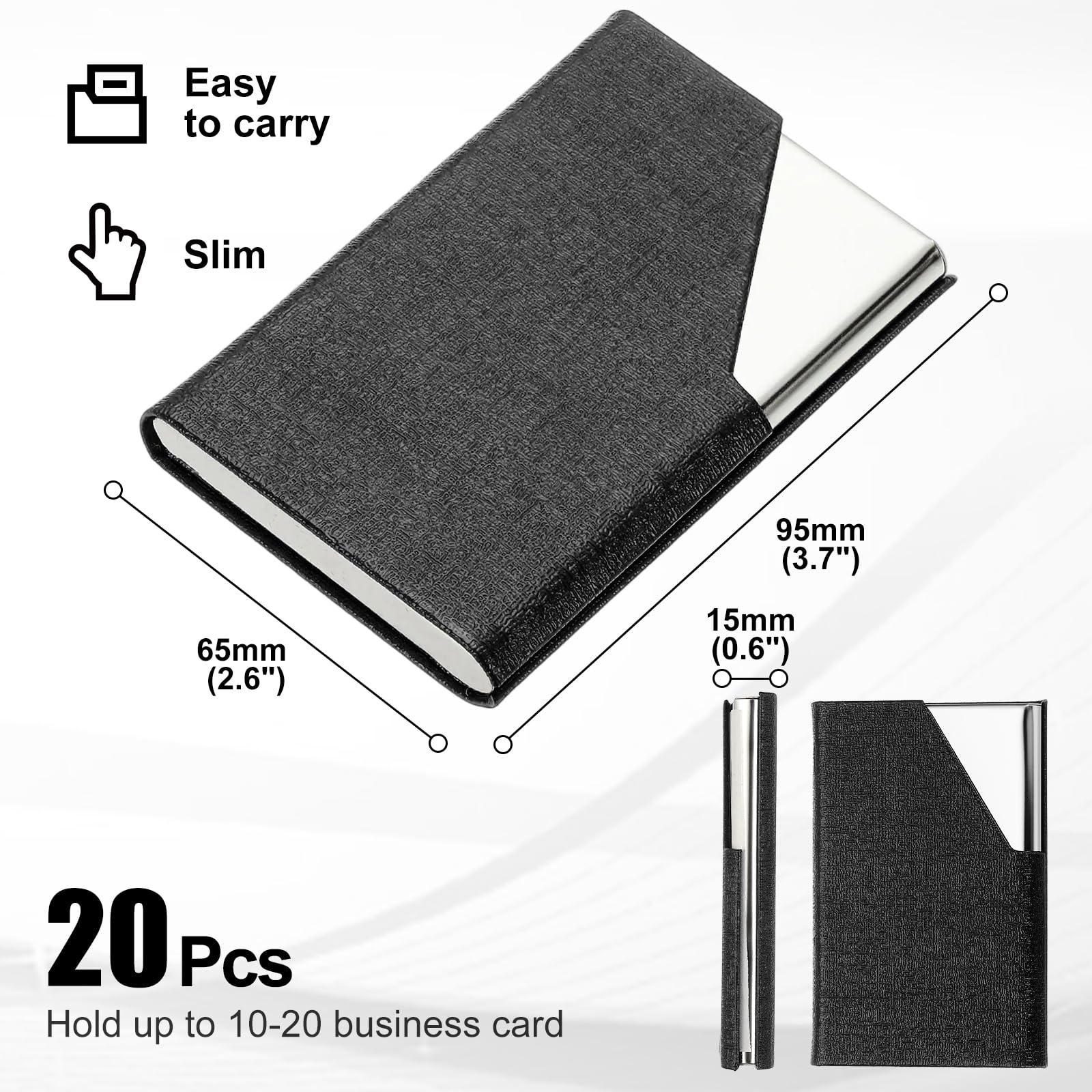 PATIKIL PU Leather Business Card Holder, 20Pcs Stainless Steel Name Card Case with Magnetic Wallet Pocket Carrier for ID Card Men Women, Black - Image 2