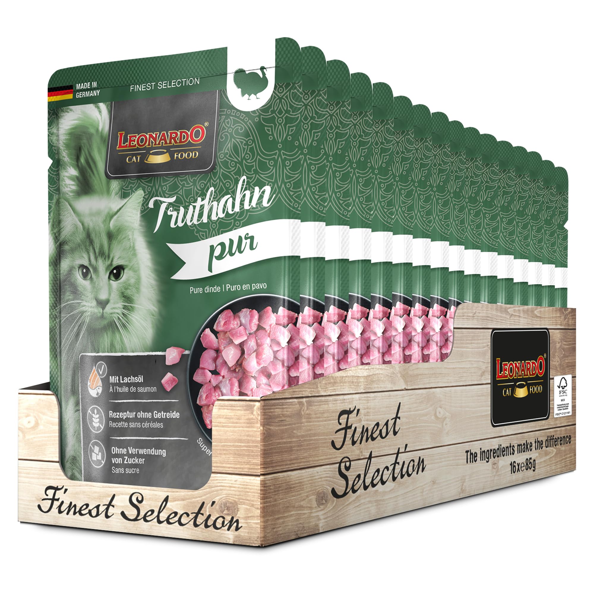 Leonardo Frischebeutel [16x85g Truthahn pur] | Getreidefreies Nassfutter für Katzen | Feuchtfutter Alleinfutter im Einzelportionsbeutel