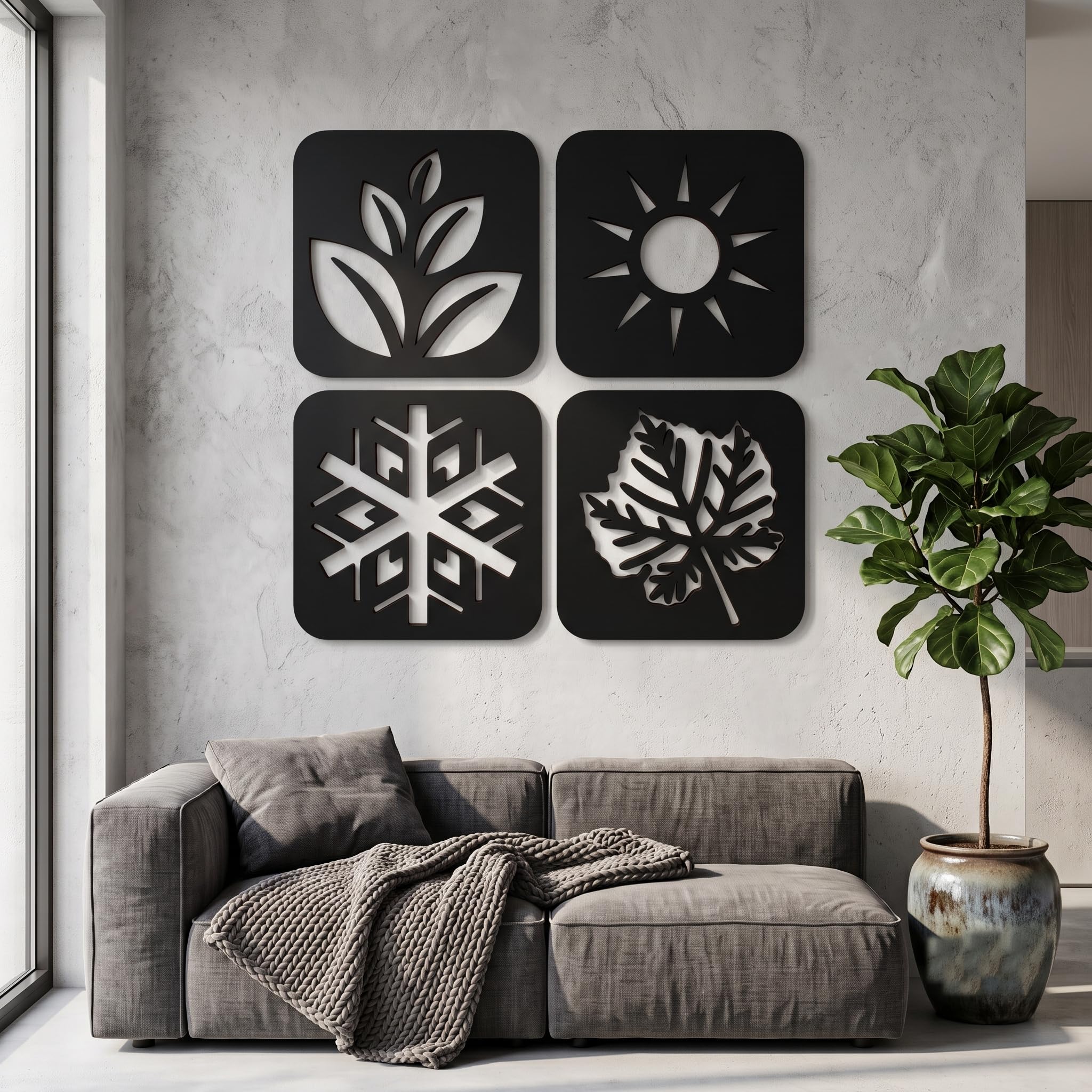 Seasons Elements Wall Art Decor Set of 4 – Matte Black Laser Cut Wooden Wall Hangings – Spring Leaf, Sun, Snowflake & Autumn Leaf Design – Modern Home Decor for Living Room, Bedroom, Office-image-4