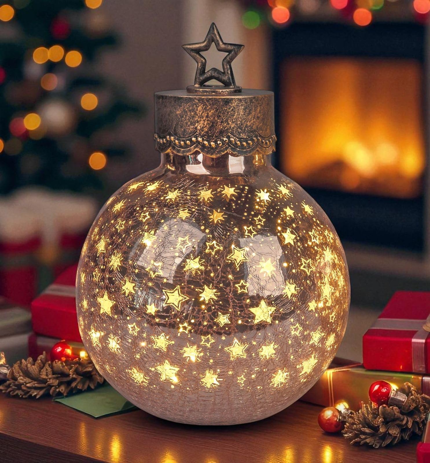 formano LED Deko-Kugel 30 cm Sterne Rose-Gold Glaskugel Timer 6h/18h beleuchtet - Batteriebetrieben - Herbst Winter Weihnachtsdeko für Tisch Regal Fensterbank