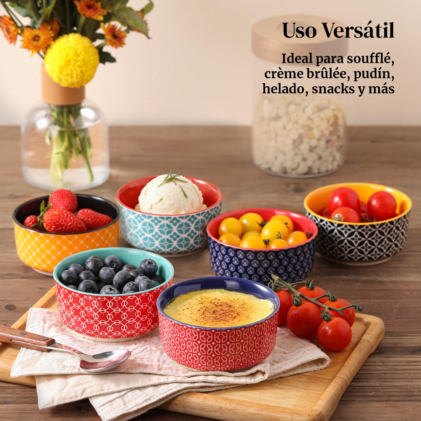 DOWAN Juego de 6 cuencos de porcelana de 180 ml, aptos para horno, para horno pequeño, para microondas, airfryer y lavavajillas, diámetro de 10 cm, multicolor