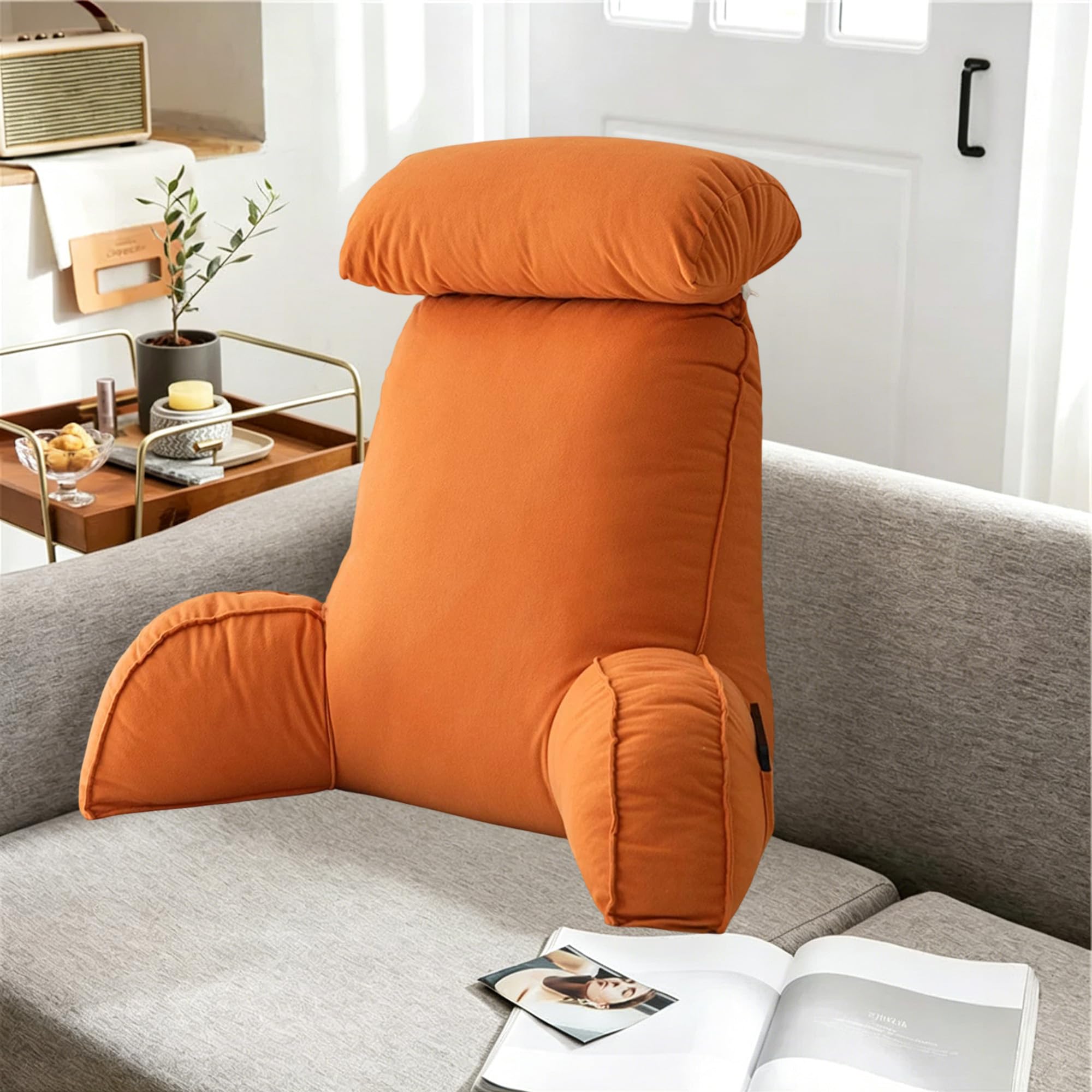 Hruile Orange Large Backrest Pillow For Bed, Reading Pillow For Sitting In Couch Adult, Back Lumbar Support Cushion, Cuddle Cushion With Detachable Neck Roll & Support Arm (75×40×55Cm,)