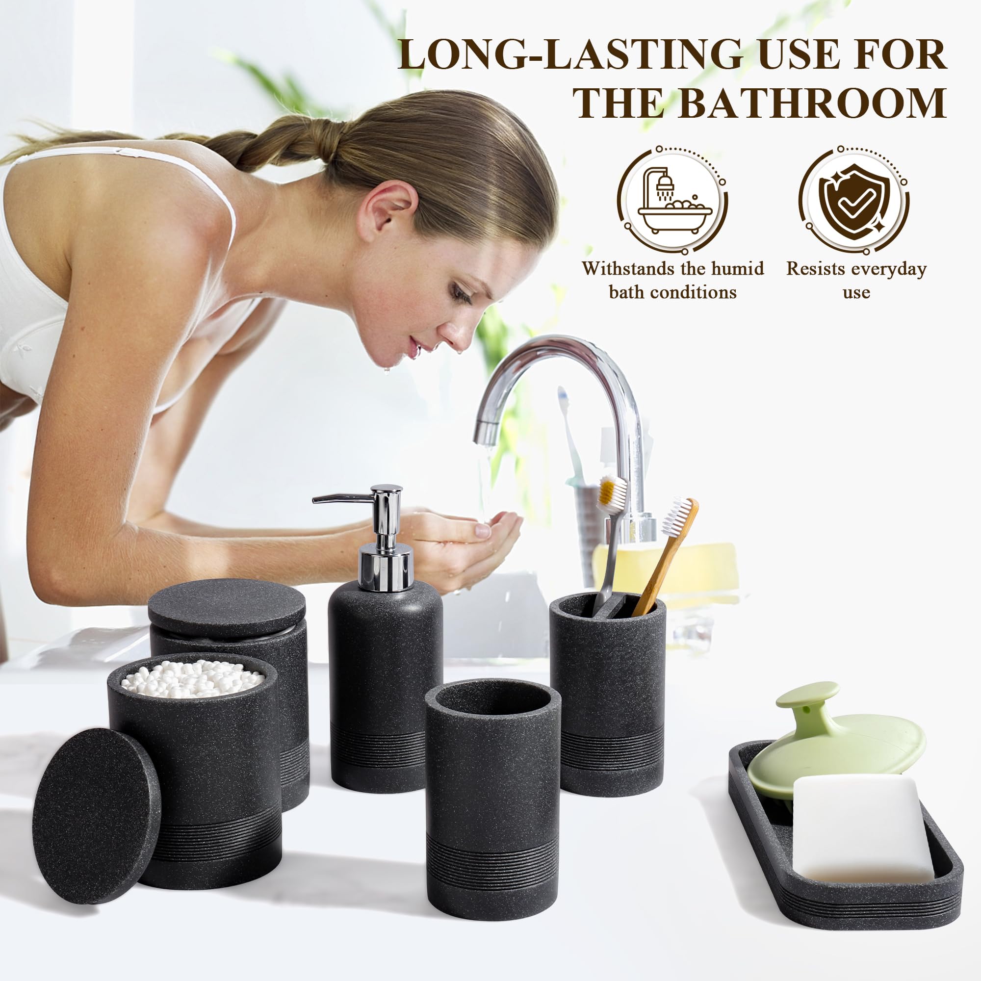 YMXYJM Juego de accesorios de baño, juego de baño de 6 piezas con soportes para cepillos de dientes, dispensador de jabón, bandeja de tocador, vaso, tarros de hisopo de algodón, organizador de baño