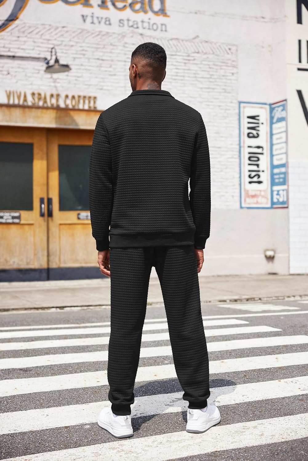 COOFANDY Men's Tracksuit 2 Piece Quarter Zip Sweatsuit Workout Plaid Jacquard Jogging Suit Set - Image 3