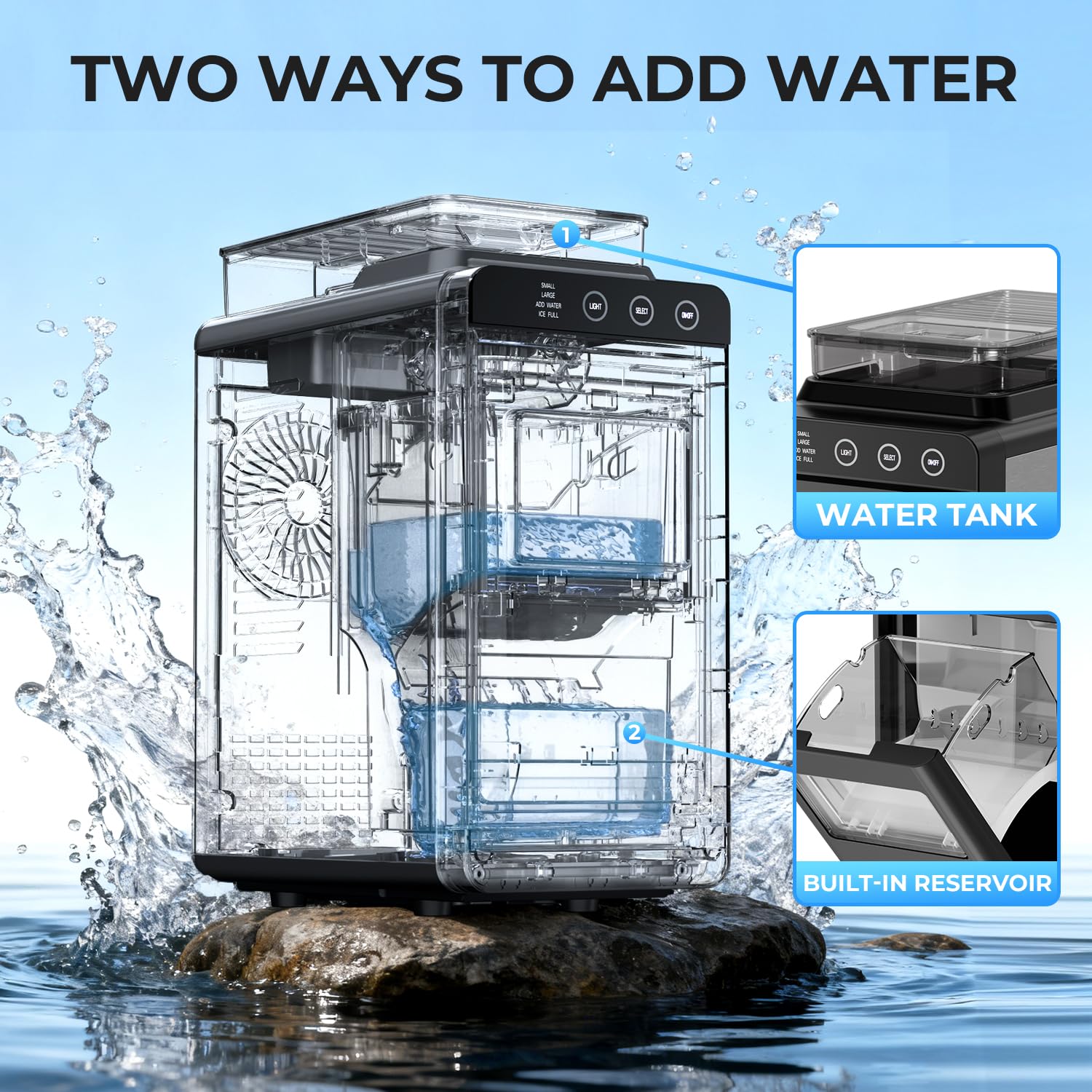 Countertop Ice Maker with Dual Water Tank, 2L Large Capacity, 8 Bullet Ice Cubes in 6 Mins, 26 lbs/24 H, 2 Ice Sizes and Blue Light, Self-Cleaning Ice Machine for Home, Office and Bar Black