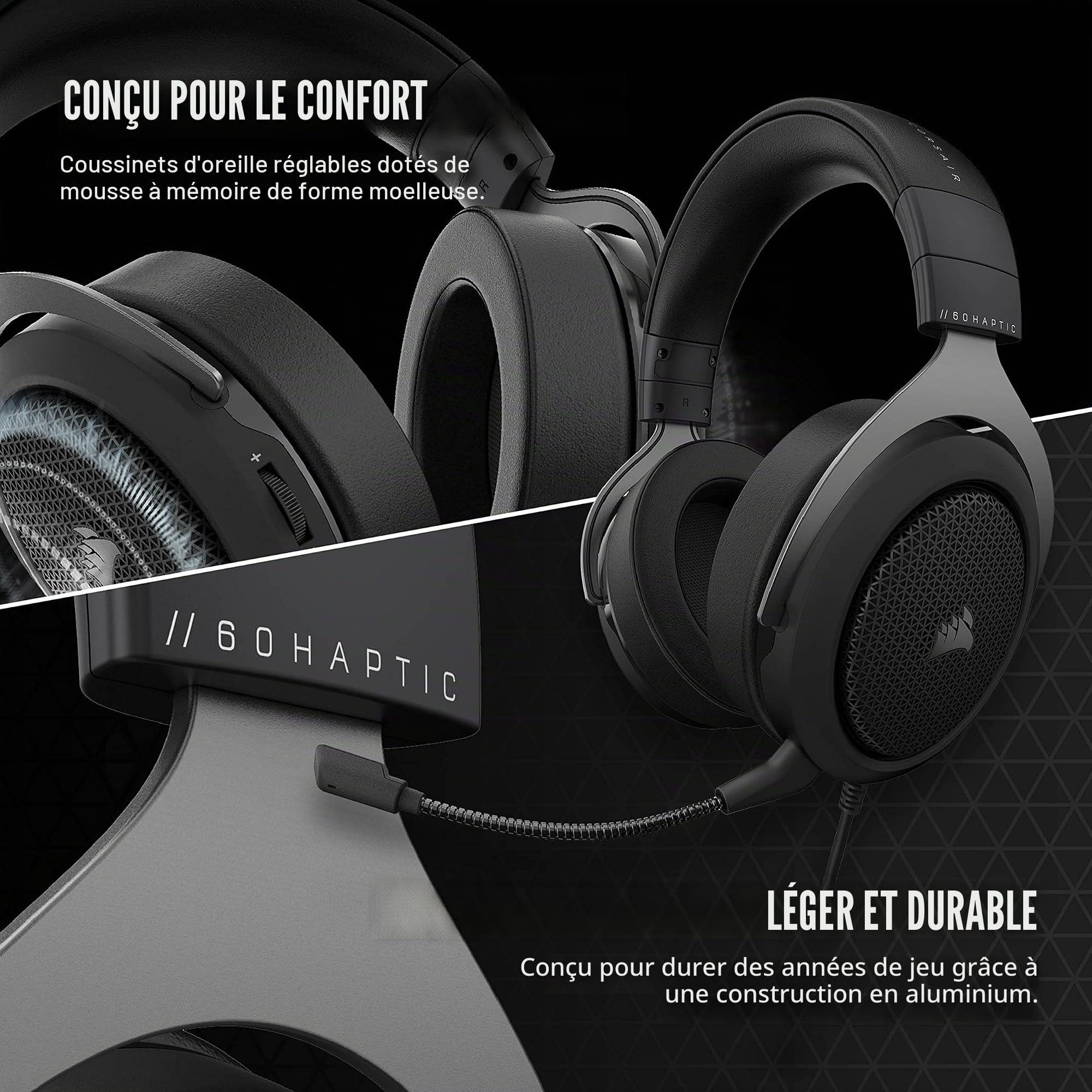 Corsair HS60 HAPTIC Casque de Jeu stéréo avec Basses haptiques, Carbone