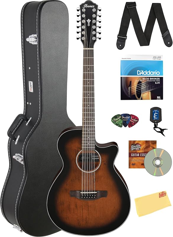 Ibanez AEG5012 AEG 12-String Acoustic-Electric Guitar - Dark Violin Sunburst Bundle with Case, Tuner, Strap, D'Addario Strings, Picks, Austin Bazaar Instructional DVD, and Polishing Cloth
