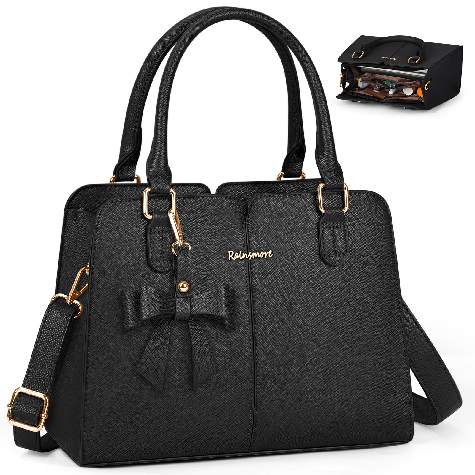 RAINSMORE Sac à Main Femme Cuir Sac à Main Portés Sacs Bandoulière Universitaire Imperméable avec Poche Antivol Sacs Fourre Tout avec Arc pour Travail Shopping École Voyage