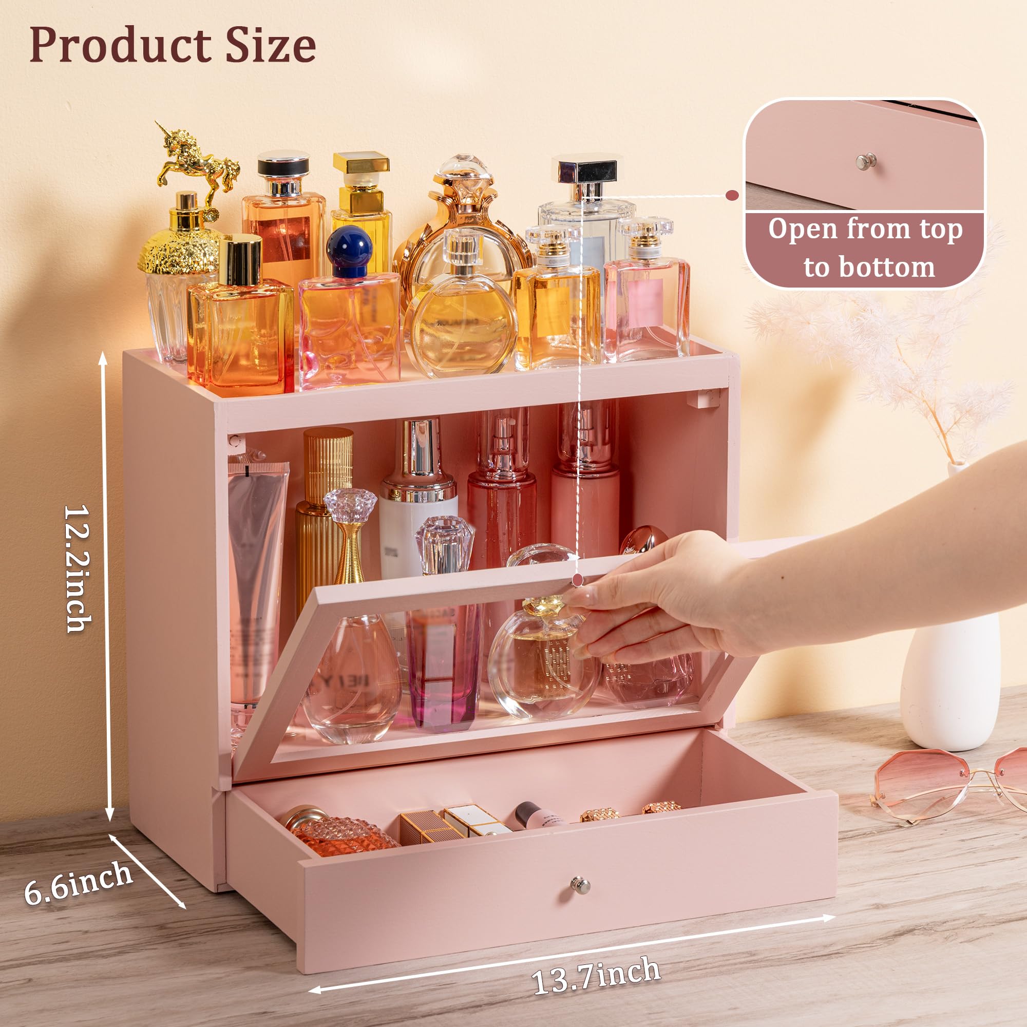 Soporte de colonia, organizador de perfume de madera maciza para hombre, organizador de perfume a prueba de polvo de gran capacidad con cajón de almacenamiento de perfumes, joyas y cosméticos