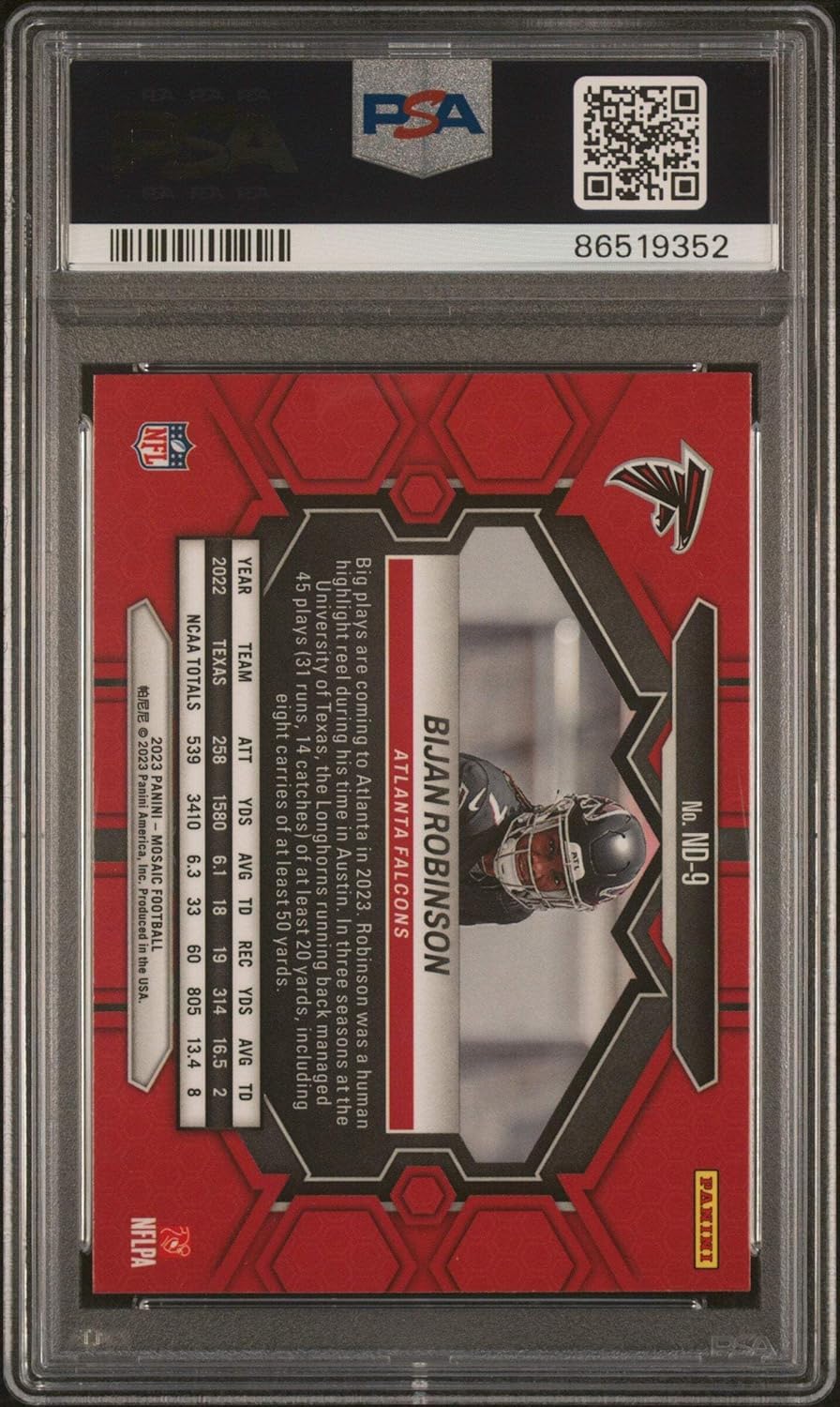 Graded 2023 Panini Mosaic Bijan Robinson #ND9 NFL Debut Rookie RC Football Card PSA 10 Gem Mint