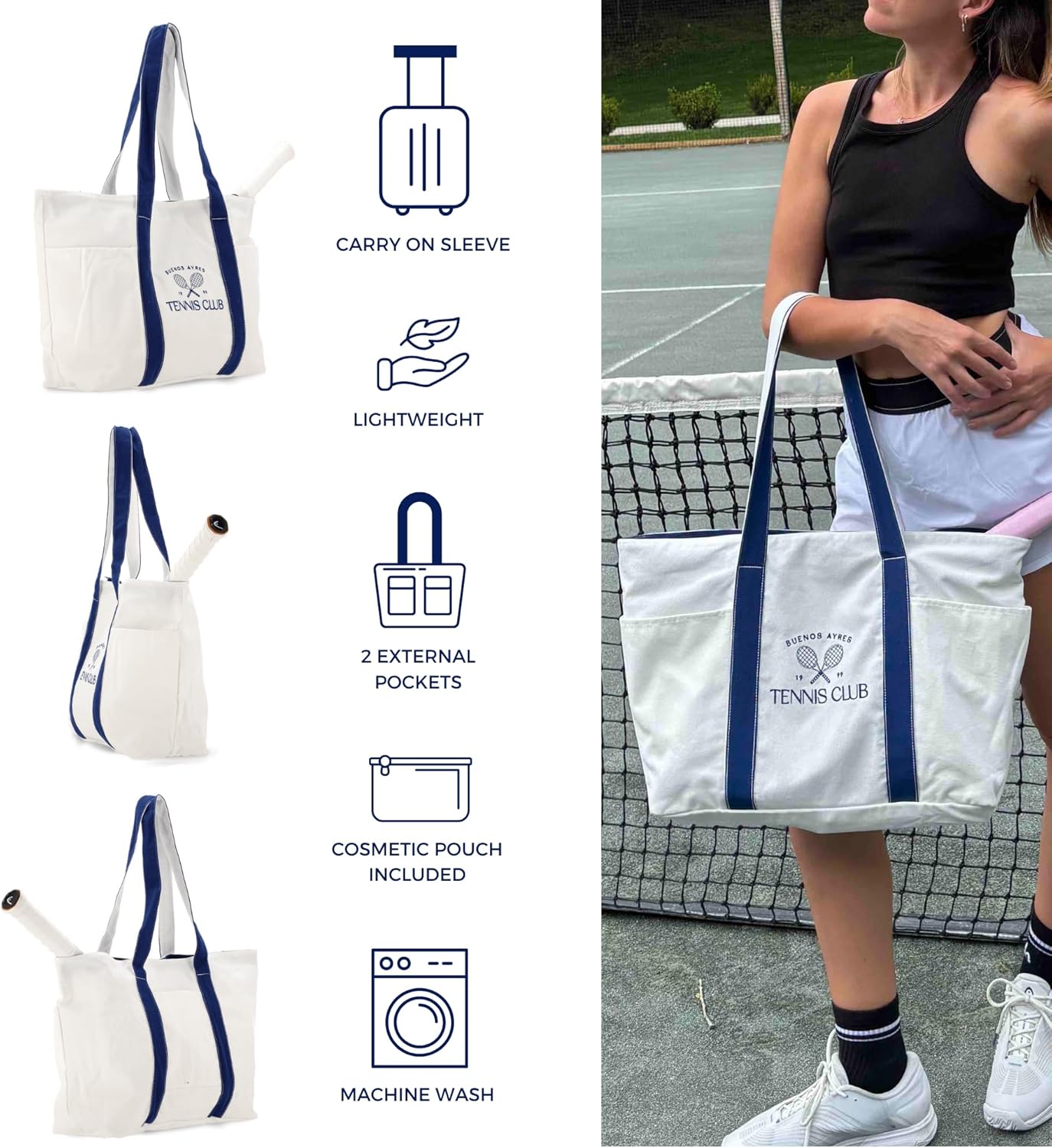 Multi-Use Tennis Tote for Women – Fits Rackets, Gym Gear & Beauty Essentials | Detachable Organizer + 4 Pockets | Lightweight Cotton Canvas for Court, Work & Travel