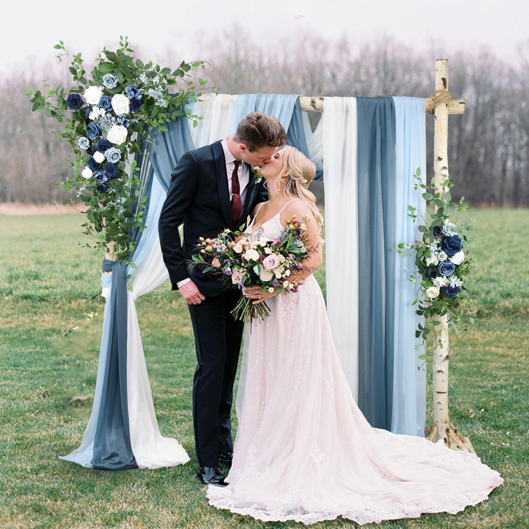 Ting's time Artificial Wedding Arch Flowers Kit (Set of 5)-2Pcs Floral Swag Arrangement 3Pcs Fabric Drap for Wedding Ceremony Reception Backdrop Decoration Blue