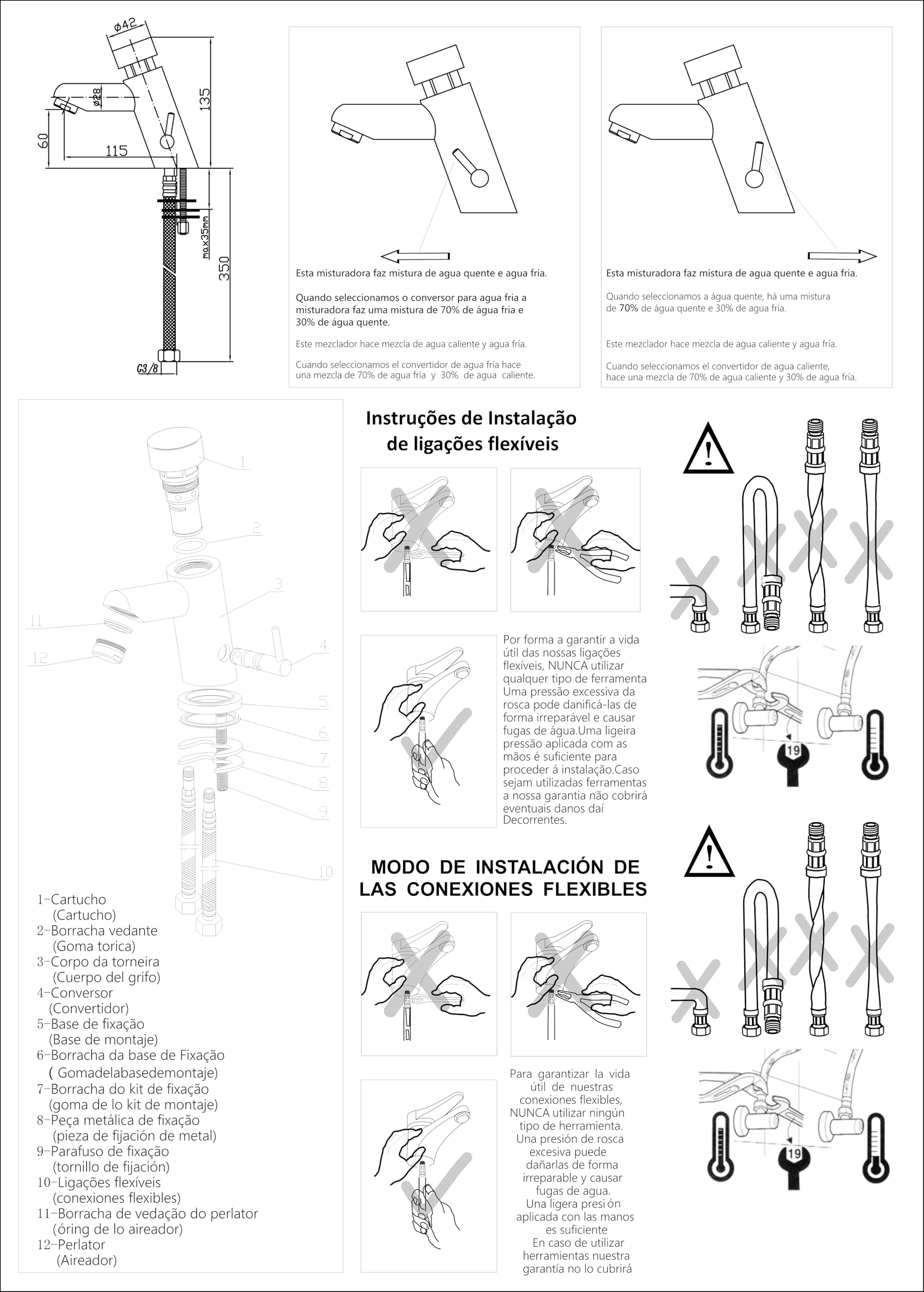 Grifo Temporizado (6 a 8 segundos) para Lavabo con Agua Caliente y Fría Diseño Cromado Moderno - (225)