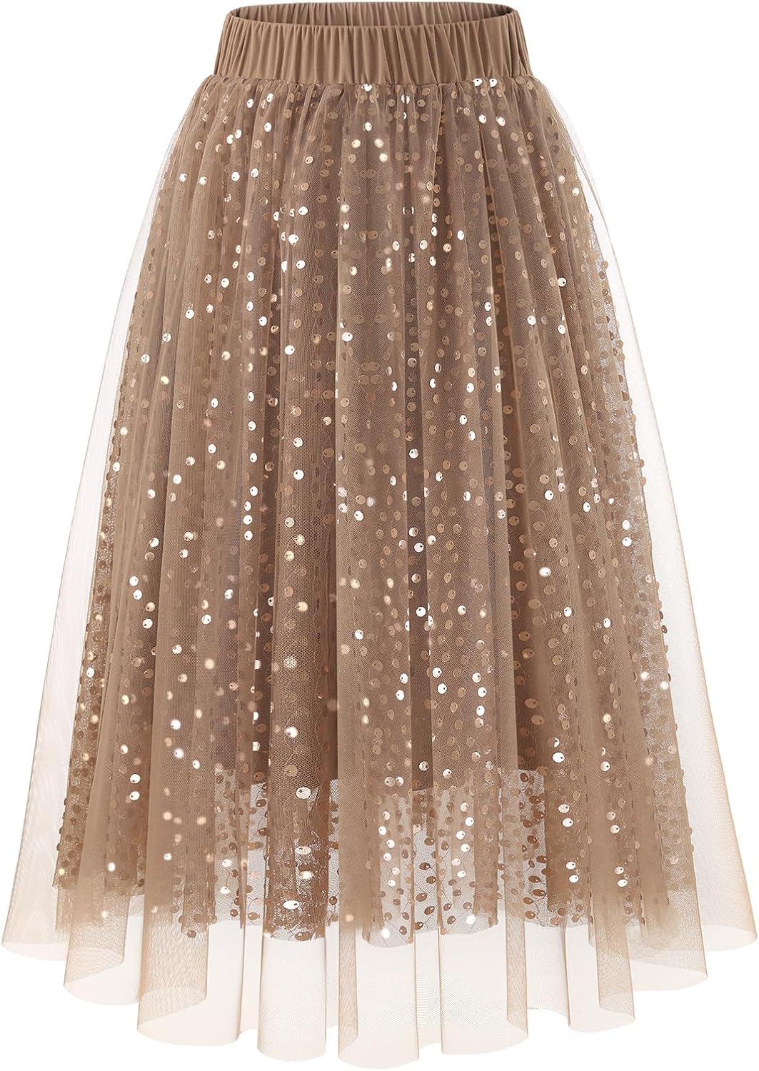 DRESSTELLS Sequin Tulle Skirts for Women Midi Long Aline Elastic High Waisted Wedding Party Skirt with Lining