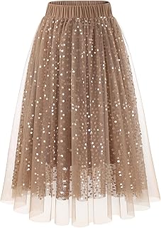 Sequin Midi Tulle Skirts for Women, Aline Elastic High Waist Long Christ...