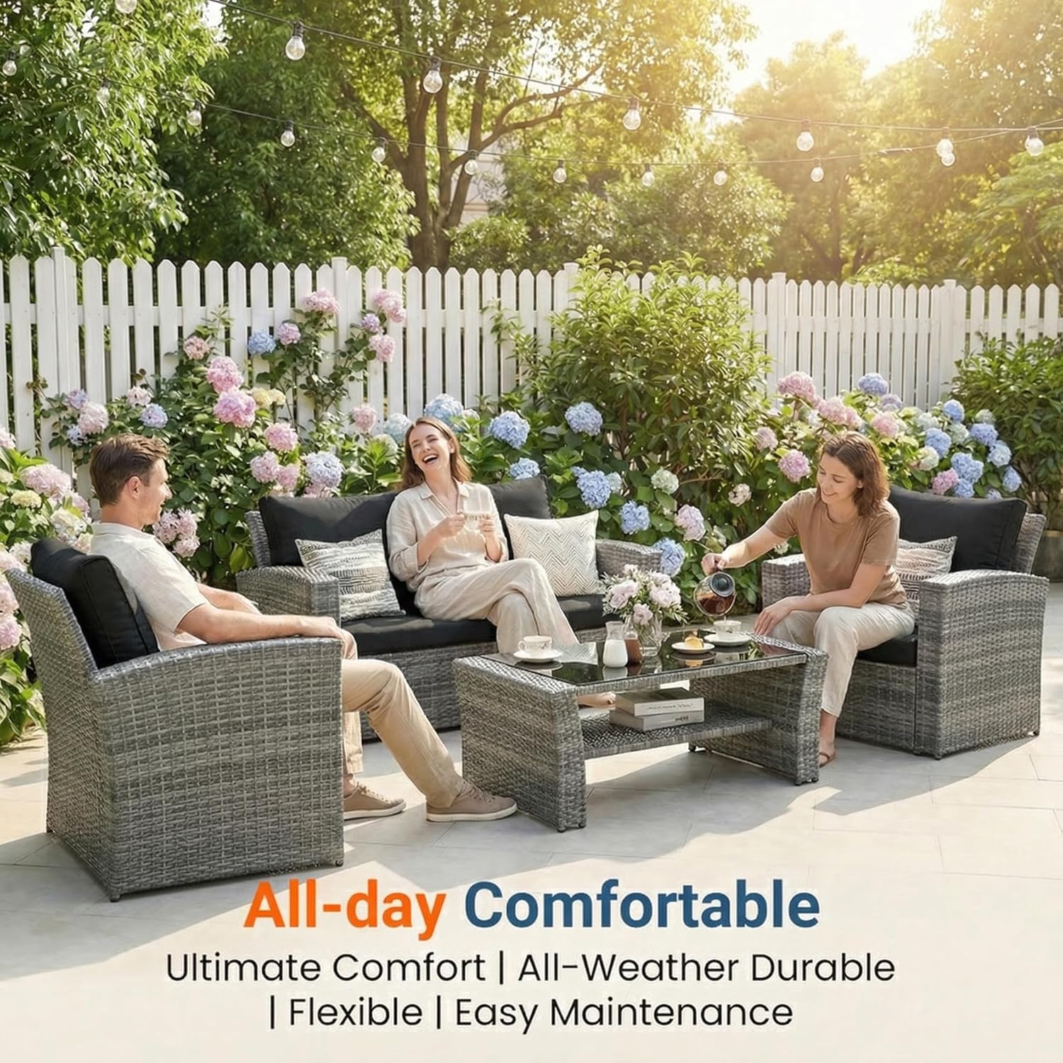 Wisteria Lane 4 Piece Patio Furniture Set, Wicker Outdoor Patio Conversation Furniture Set, All Weather Outdoor Patio Sofa with Cushion and Glass Table, Black