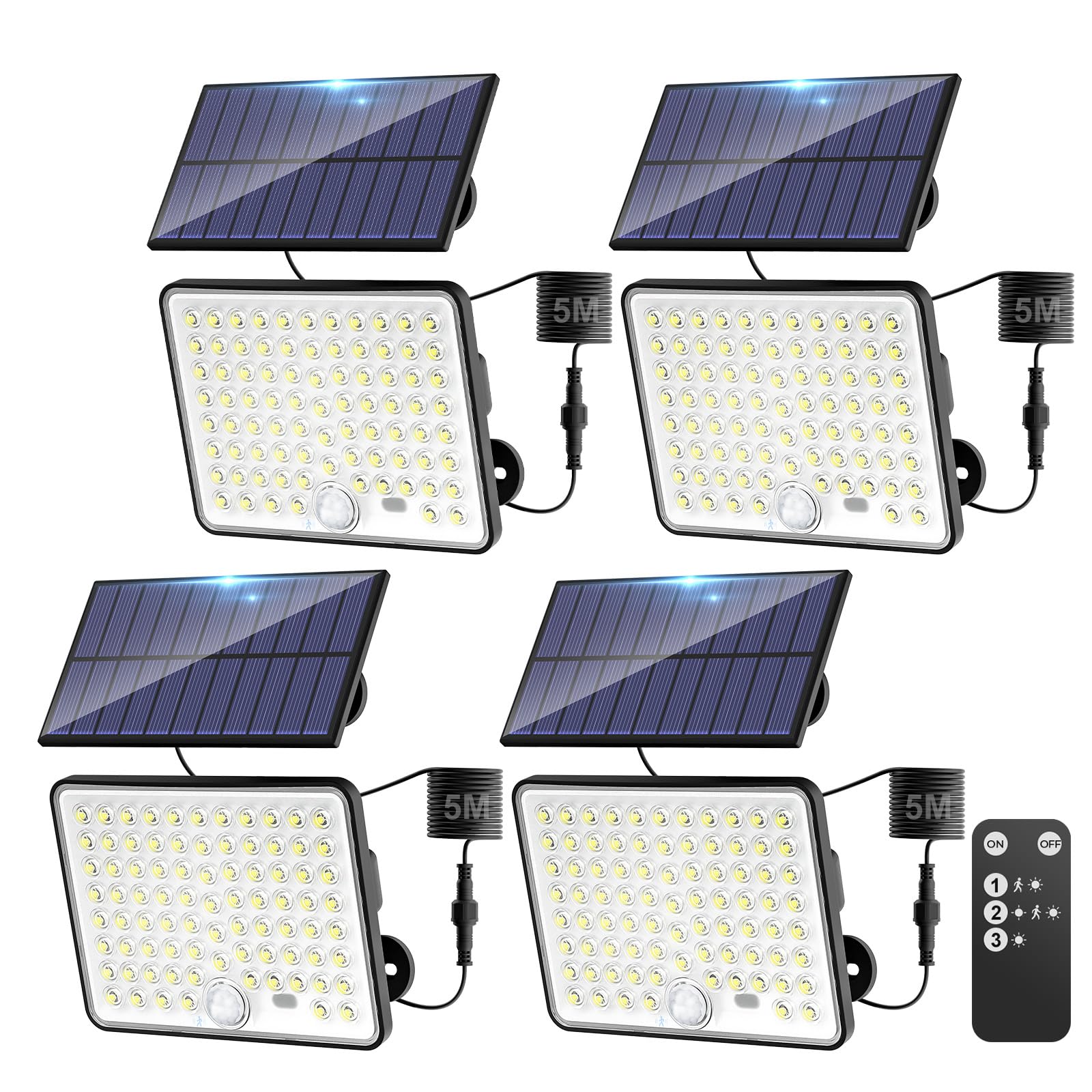 kolpop 4 confezioni di faretti a LED per esterni, solari, con sensore di movimento, con telecomando, IP65, impermeabile, luce solare, 3 modalità, luce solare esterna, potente per giardino, cortile