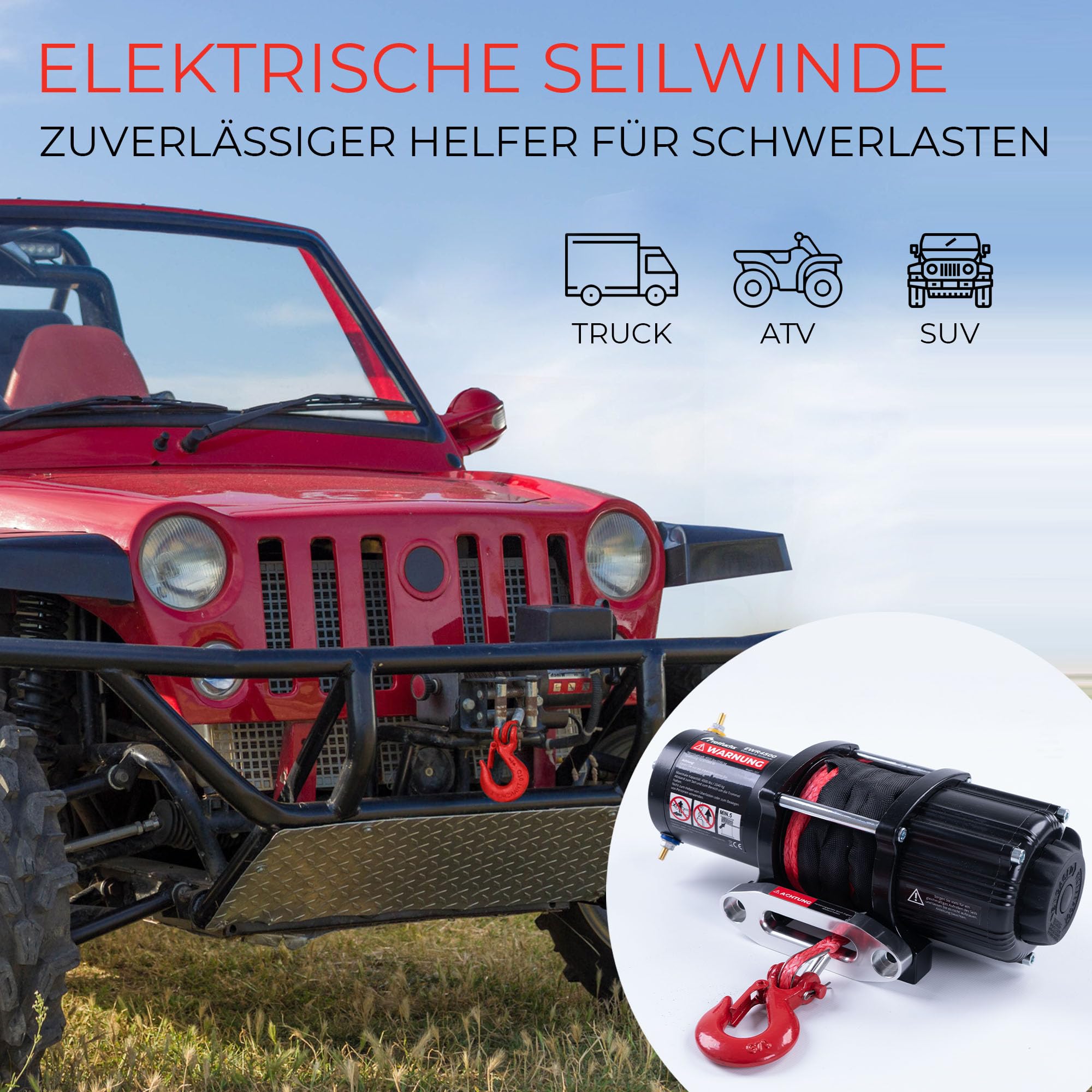 ROTFUCHS Elektrische Seilwinde 12 Volt - 4500 lbs Motorwinde Seilzug, mit Montagehalterung und Fernbedienung, Power Offroad Winde 2041 kg, ATV UTV kompatibel, Synthetikseil