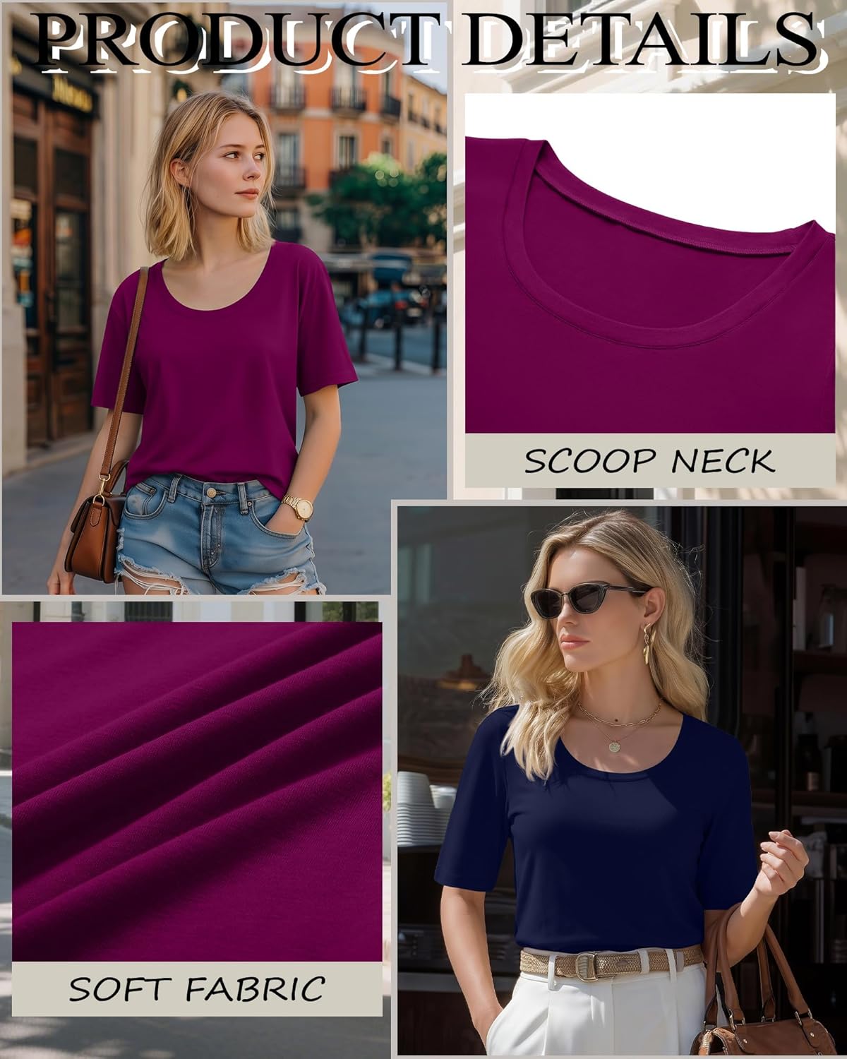 Ficerd 3 Pack Scoop Neck Elbow Length Half Sleeve Tops for Women, 1/2 Sleeve T-Shirt Casual Summer Loose Basic Tees