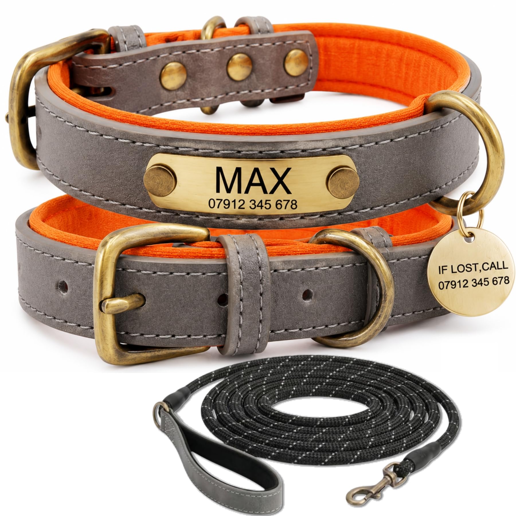Personalised Leather Dog Collar and Lead Set with Engraved Name ID Plate, Adjustable Comfort Design for Small Medium and Large Dogs, Custom Dog Walking Collar Set — image 1