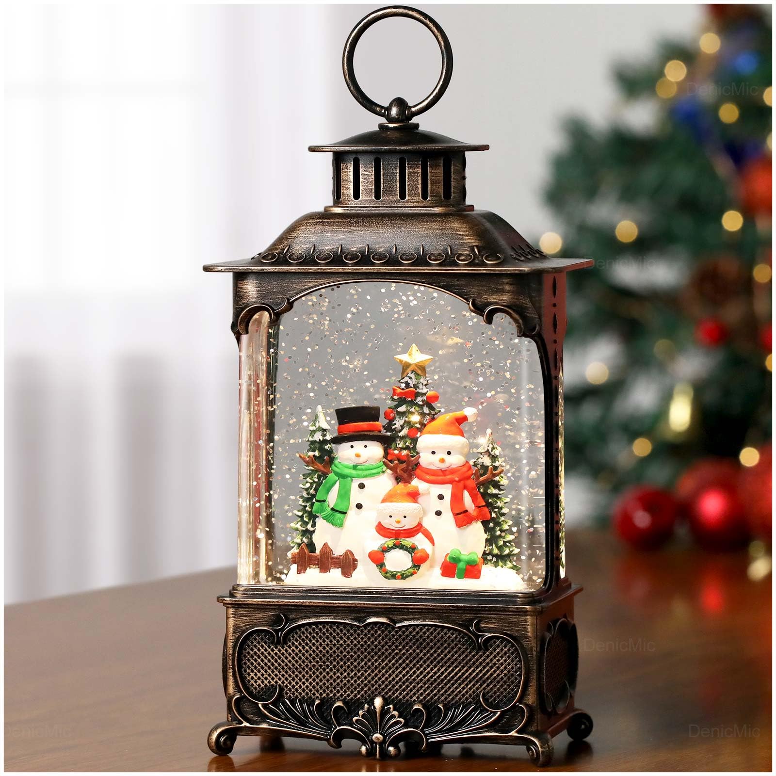 DenicMic Snow Globe with Music Snow Globe Lantern Glittering Globe,Musical Snowing Globe for Christmas Festival Decor USB Battery Operated 10.2 Inch (Snowman)