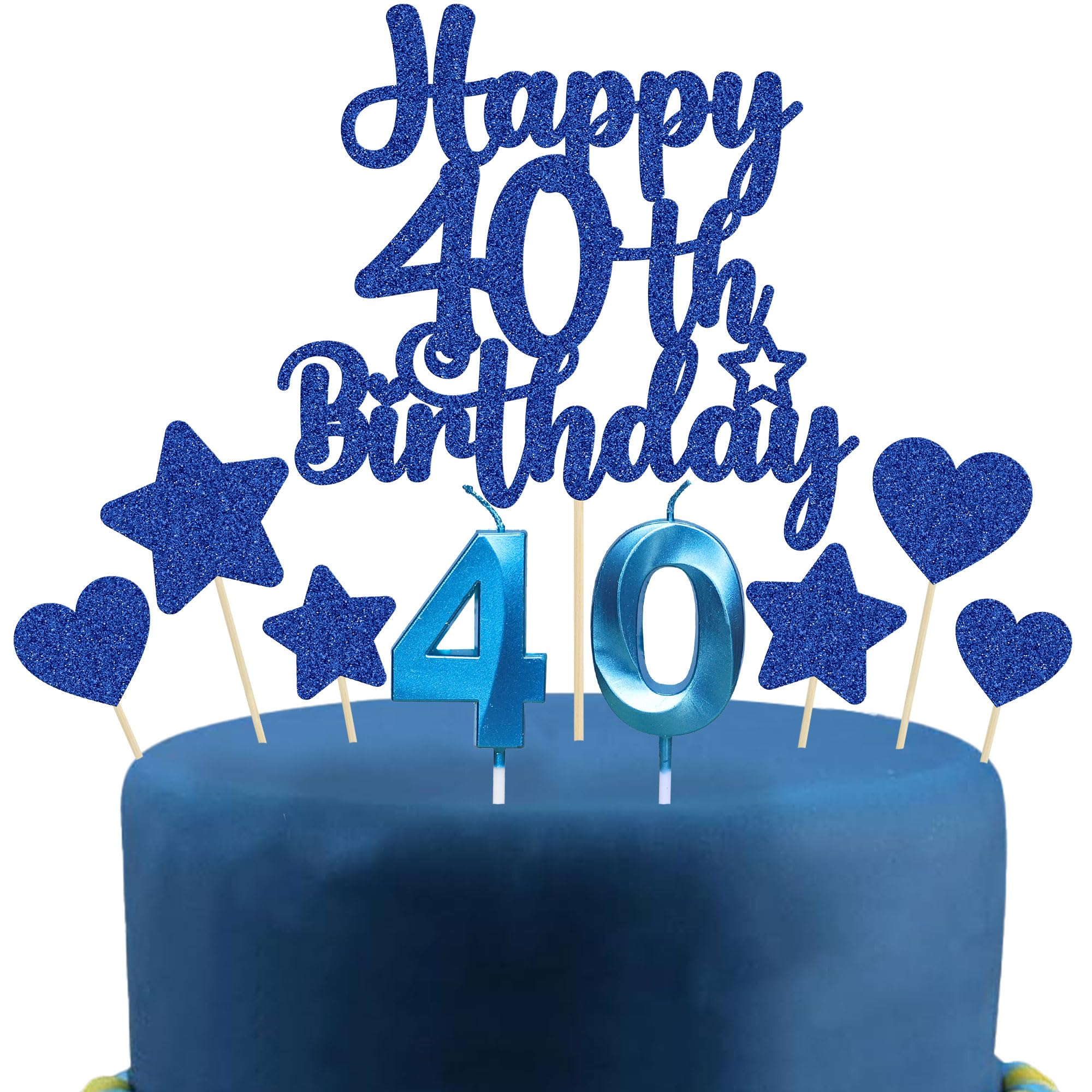 Gyufise 15Pcs Happy 40th Birthday Cake Topper Set with Heart Star Glitter Cheers to 40 Years Cake Picks Number 40 Candles Cake Decorations for Happy 40th Birthday Anniversary Party Supplies Blue