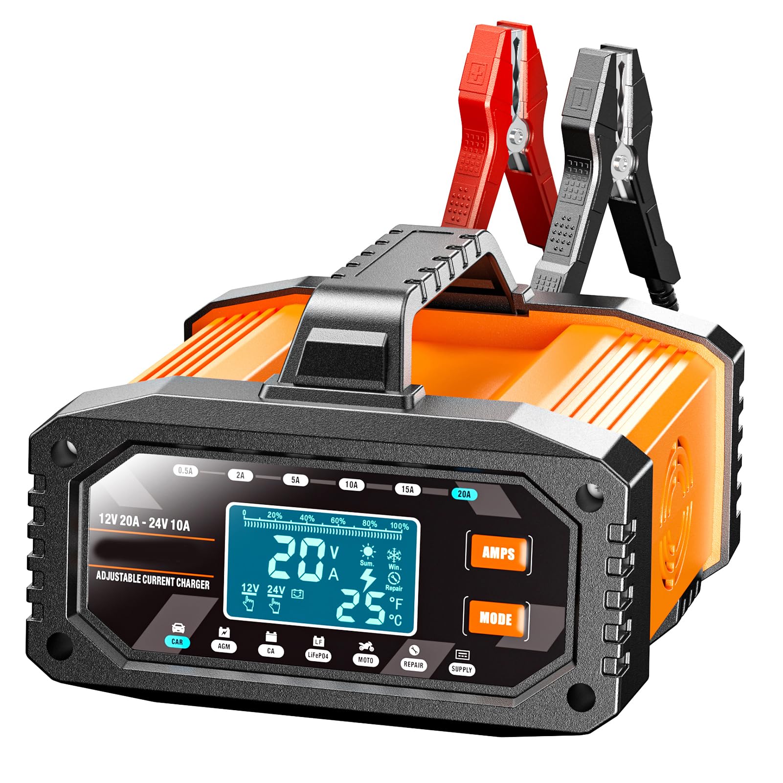 Yctze Caricabatterie Intelligente 12V 20A 24V 10A Caricabatteria per Auto Regolabile Manutentore di Mantenimento Automatico con Modalità di Riparazione a Impulsi per Auto Moto Cam (Spina europea)
