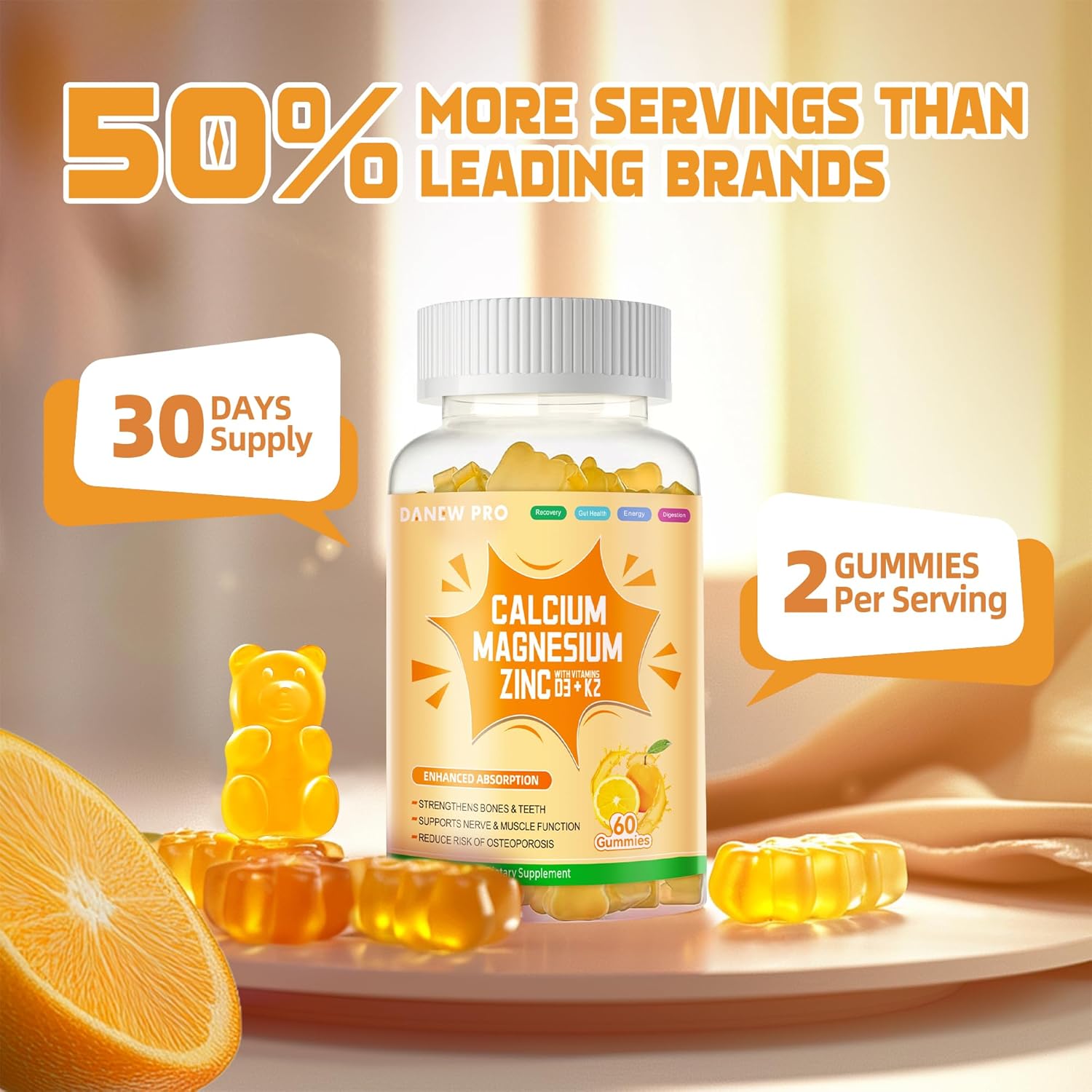 Calcium Magnesium Zinc Gummies with Vitamin D3 & K2 - High Potency Enhanced Absorption -120 Orange Gummies