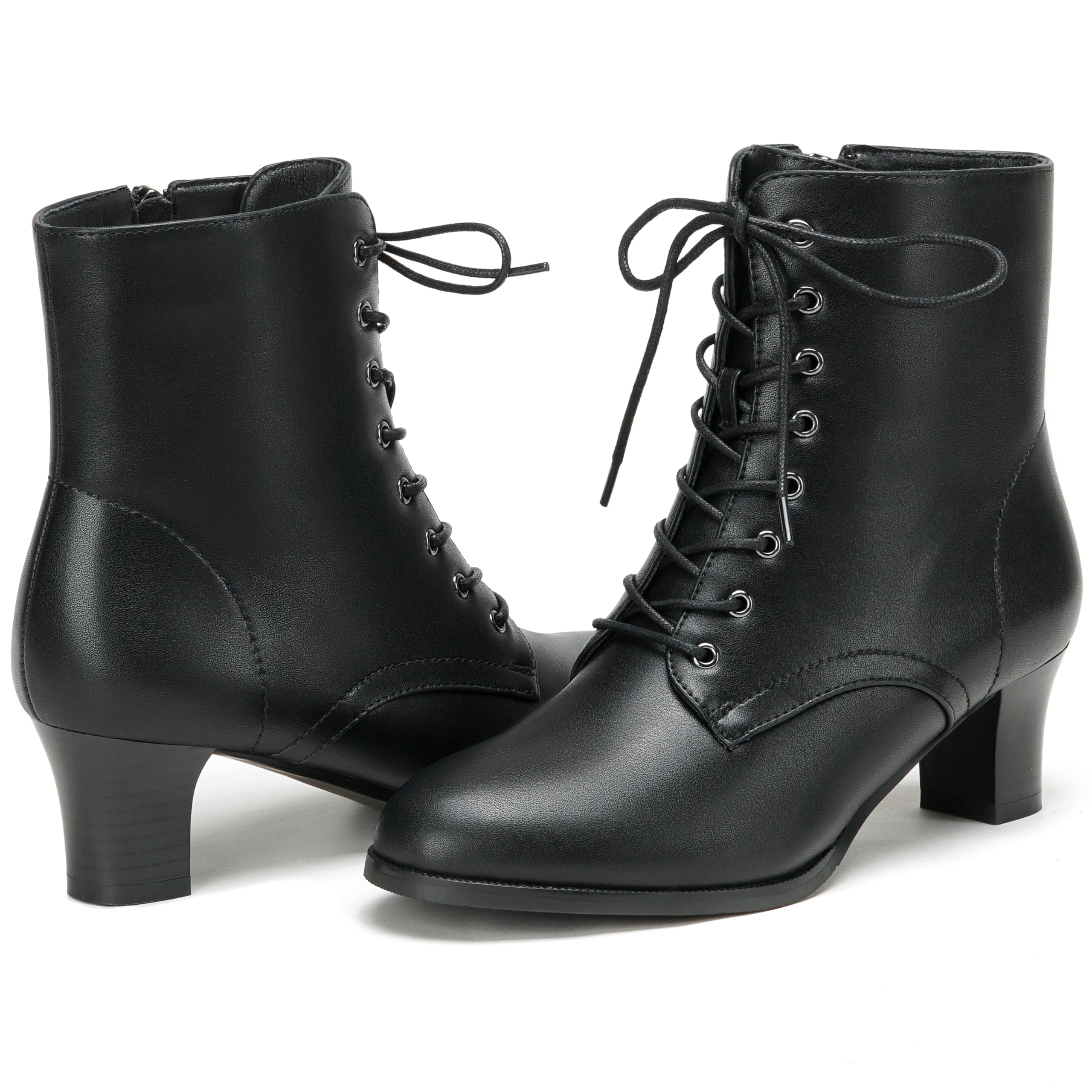 ErikenUrben Women Lace-Up Ankle Boots with Side Zipper Mid Block Heel Black Boots