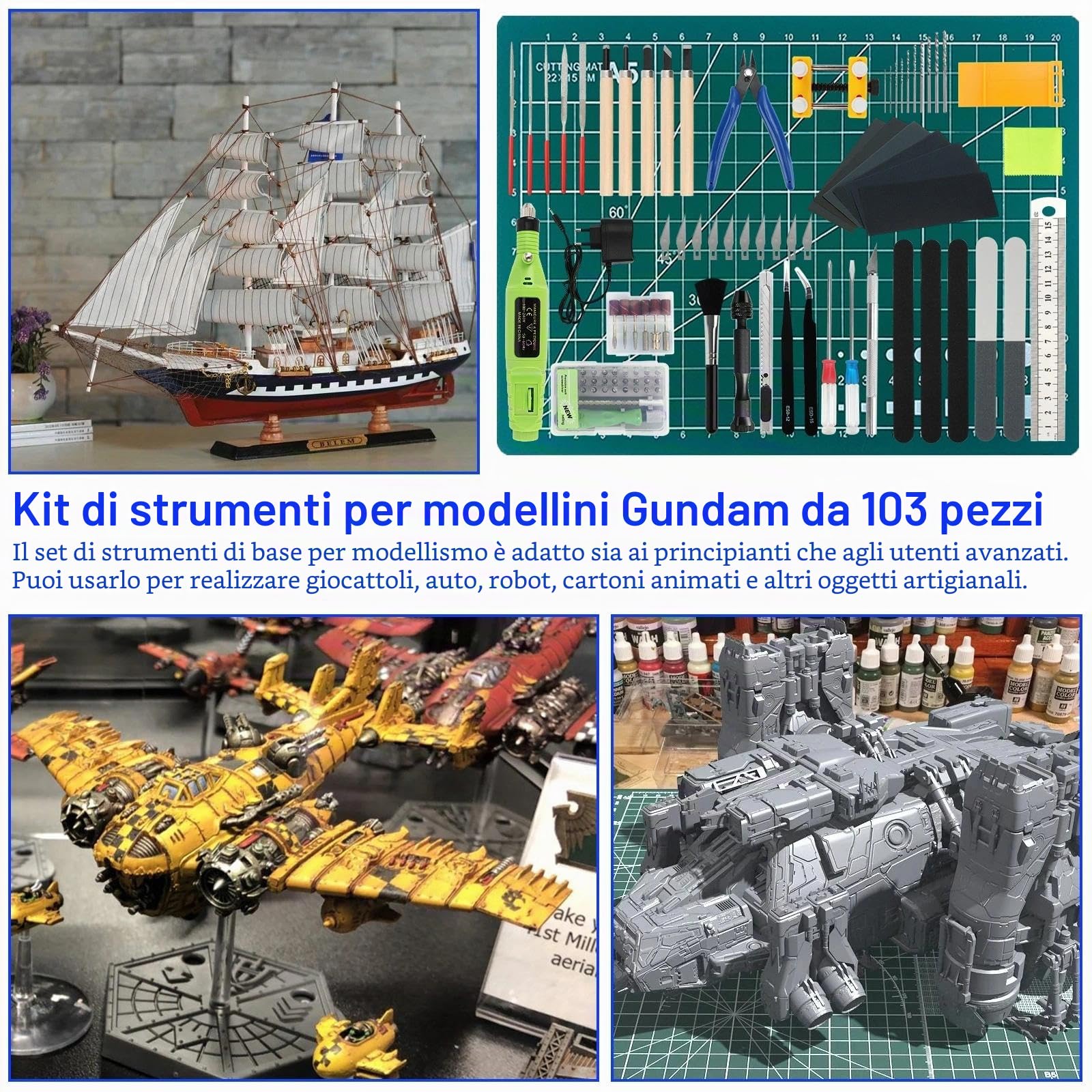 QLOUNI 103 Pezzi Kit Modellismo, Kit di Strumenti Base Modello per Gundam Model Tools Craft Set, Gunpla Model Kit per Edifici Auto Aerei Modello Assemblare Costruzione Riparazione e Fissaggio