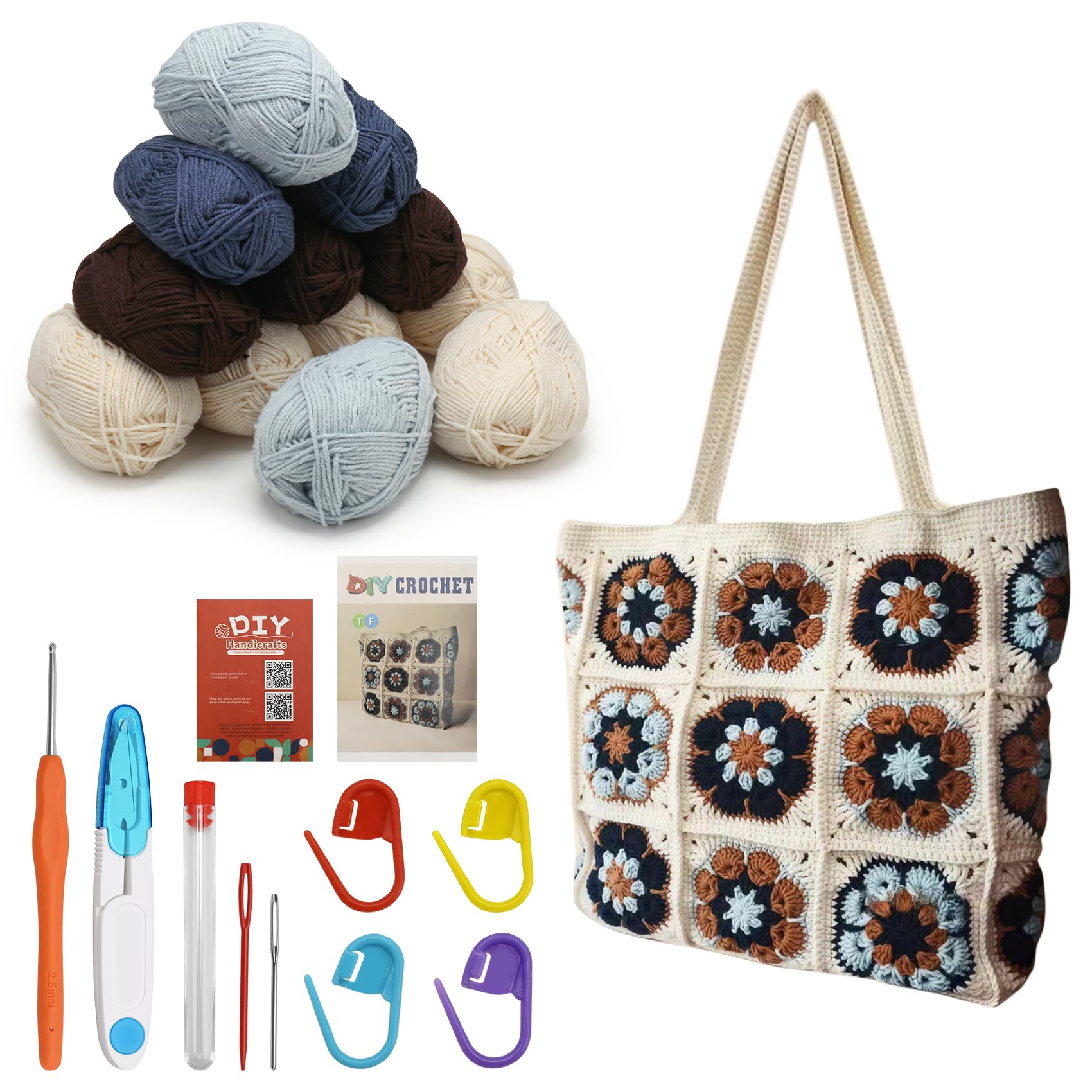 Micvtve Crochet kit for Beginners, Crochet Kit for Tote Bag Granny Square Crochet Tote Bag with Step-by-Step Video Tutorials Knitting Kit Beginner Crochet Kit for Adults (Iris)