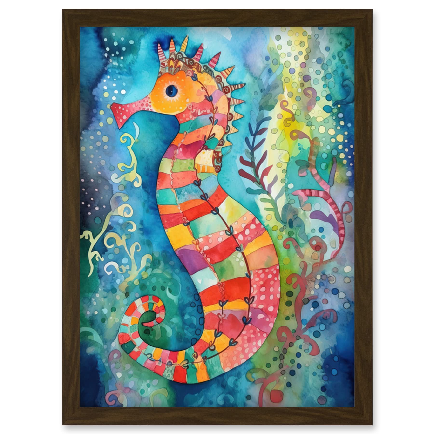 Artery8 Seahorse In Aquatic Plants Folk Art Artwork Framed Wall Art Print A4