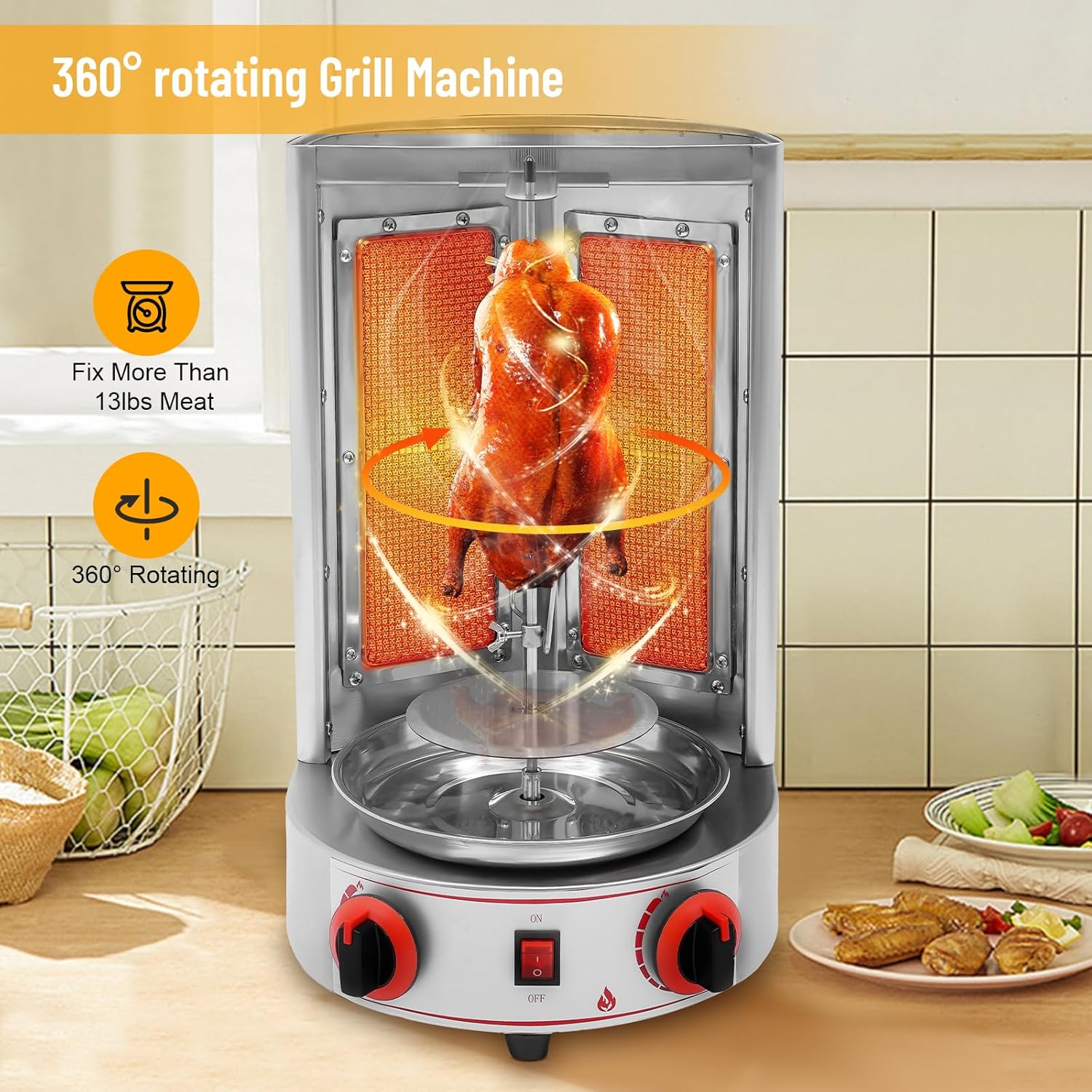 Electric Shawarma Machine, 110V 3000W Vertical Gas Broiler Commercial Shawarma Grill Machine, Stainless Steel Gas Doner Kebab Gyro Grill Machine 360° Rotating, Silver