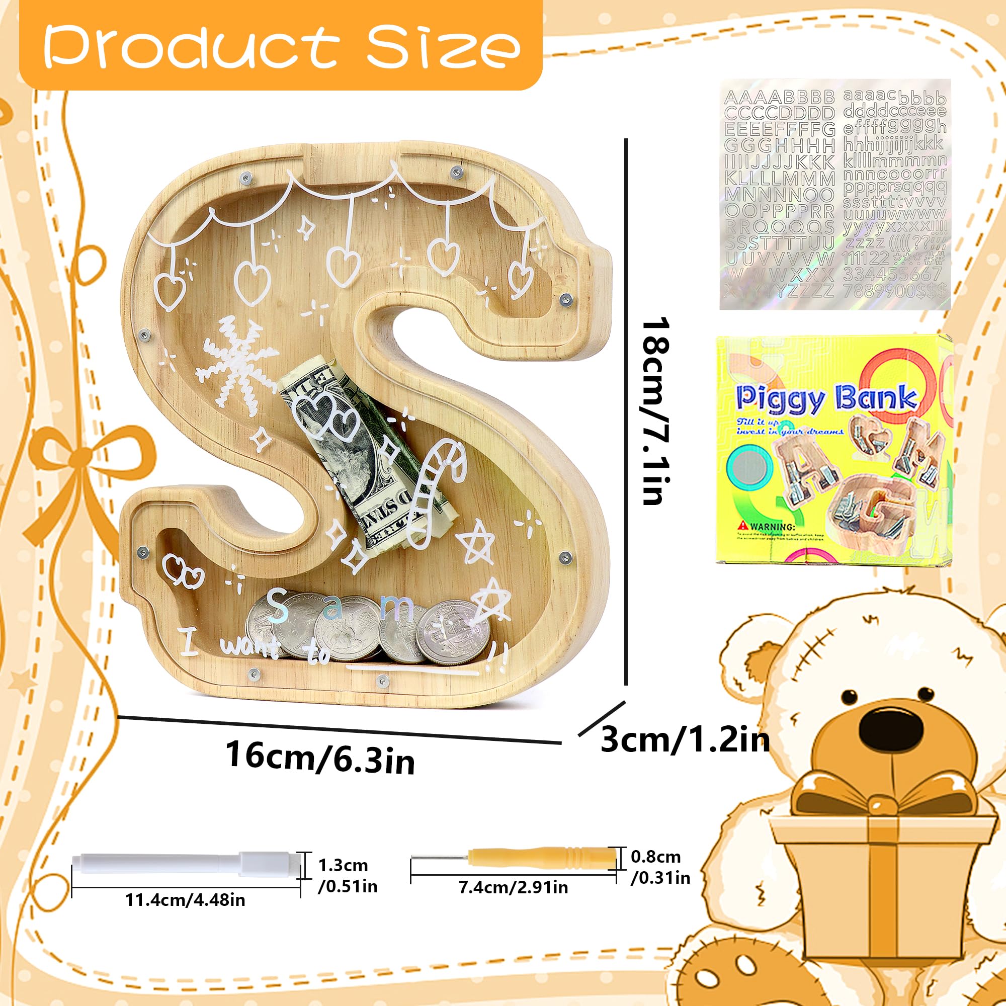 Mikytoper Money Box for Kids Wooden Letter Piggy Banks for Kids Personalized Money Box Clear Money Bank - Image 2