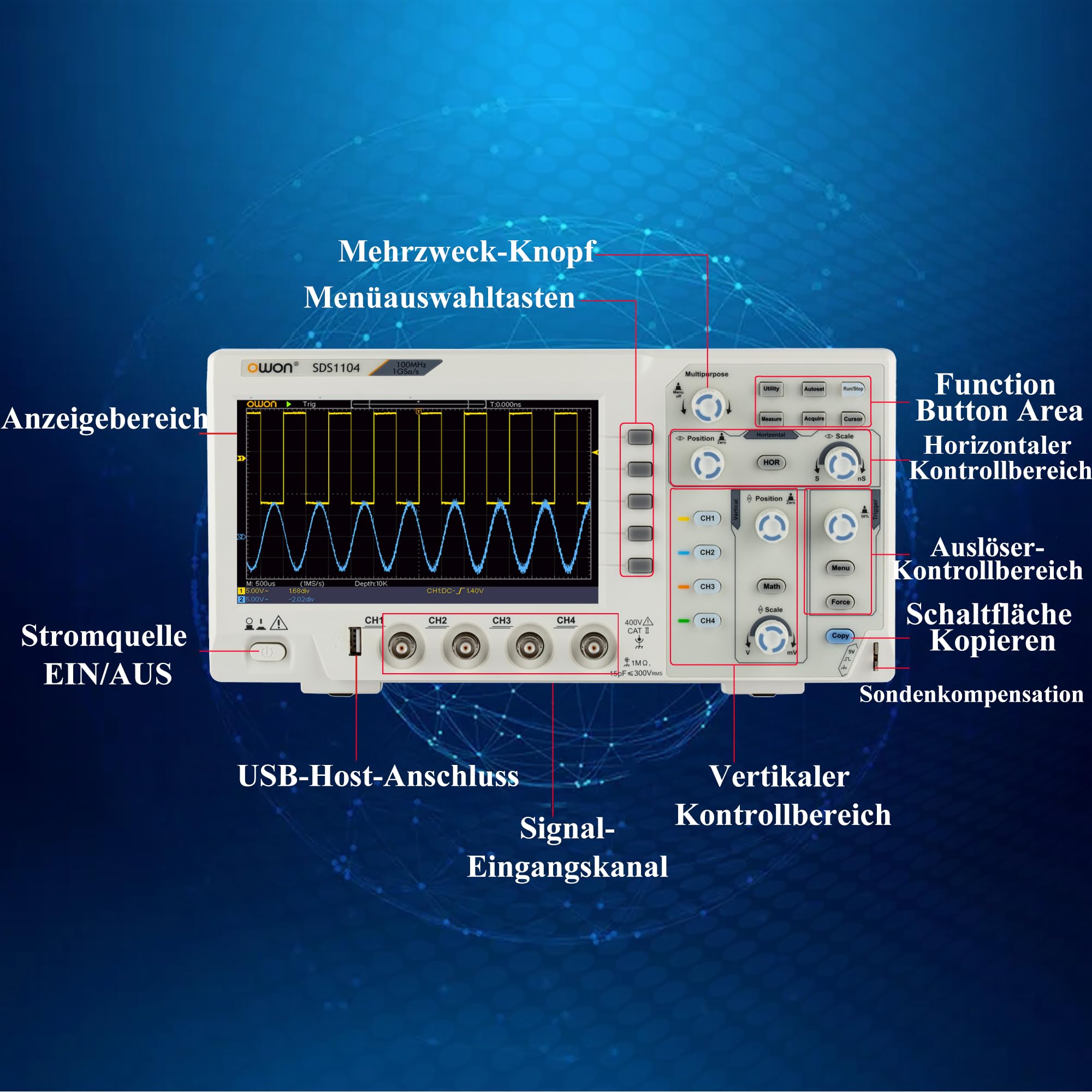 SDS1104 OWON Oszilloskop 4 Kanäle 100MHz Bandbreite Tischoszilloskop | 7" hochauflösender Bildschirm 1GSa/s Abtastrate Ultraflaches leichtes tragbares Oszilloskop