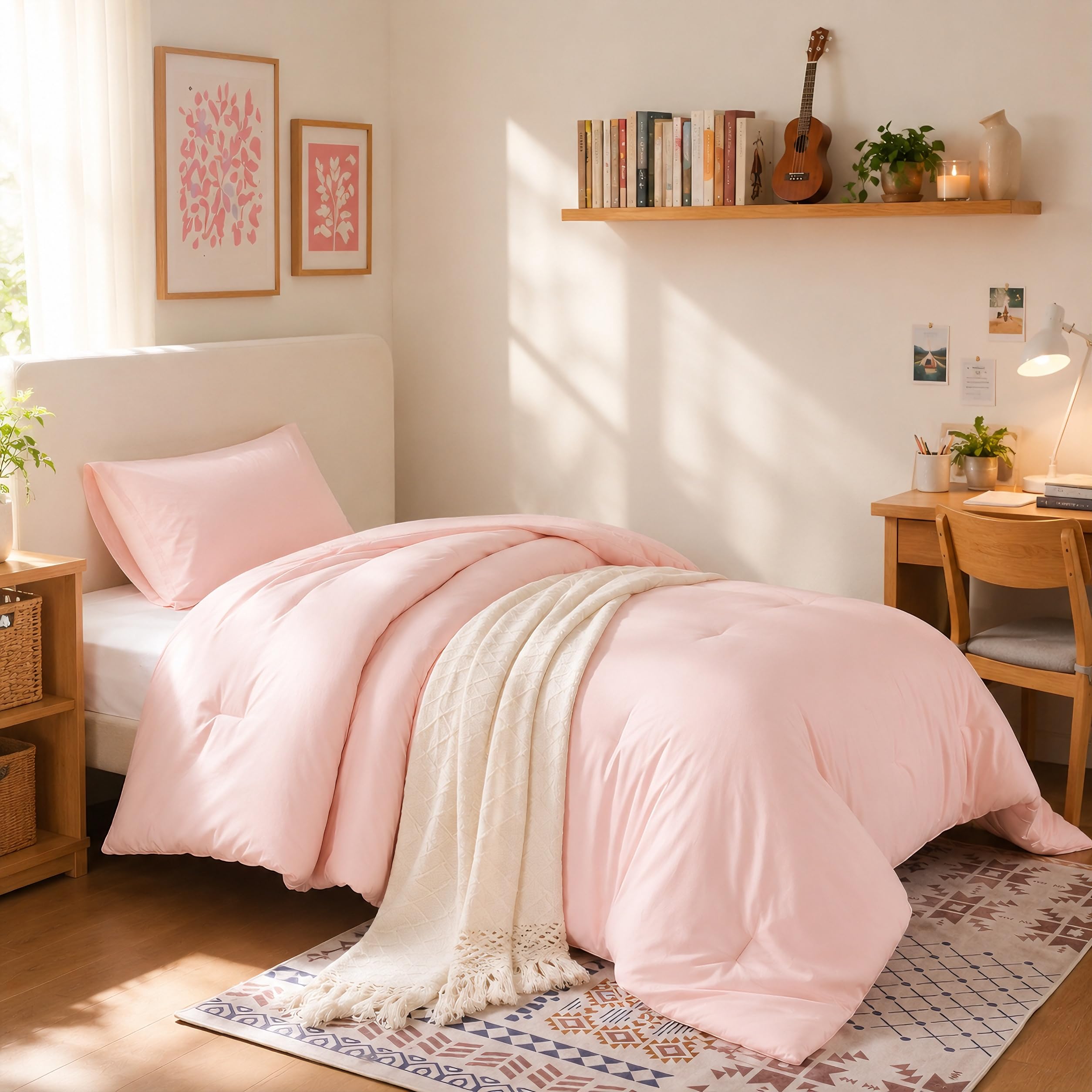 weigelia Pink Comforter Set Twin Size, All Season Lightweight Bedding Set OEKO-TEX STANDARD 100