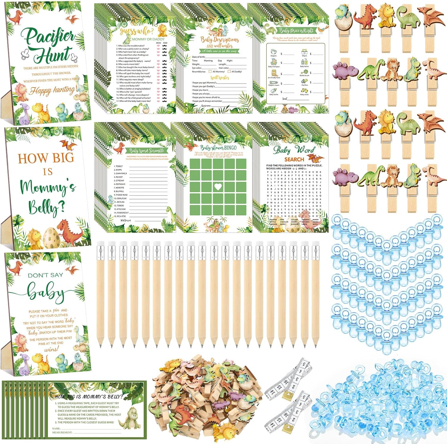 Sherr 476 Pcs Strawberry Baby Shower Games 6 Sets Activities Cards Pacifier Hunt Game 50 Pacifiers How Big is Mommy's Belly Sign 50 Guessing Cards 2 Measuring Tape Don't Say Baby Sign 50 Clothespin