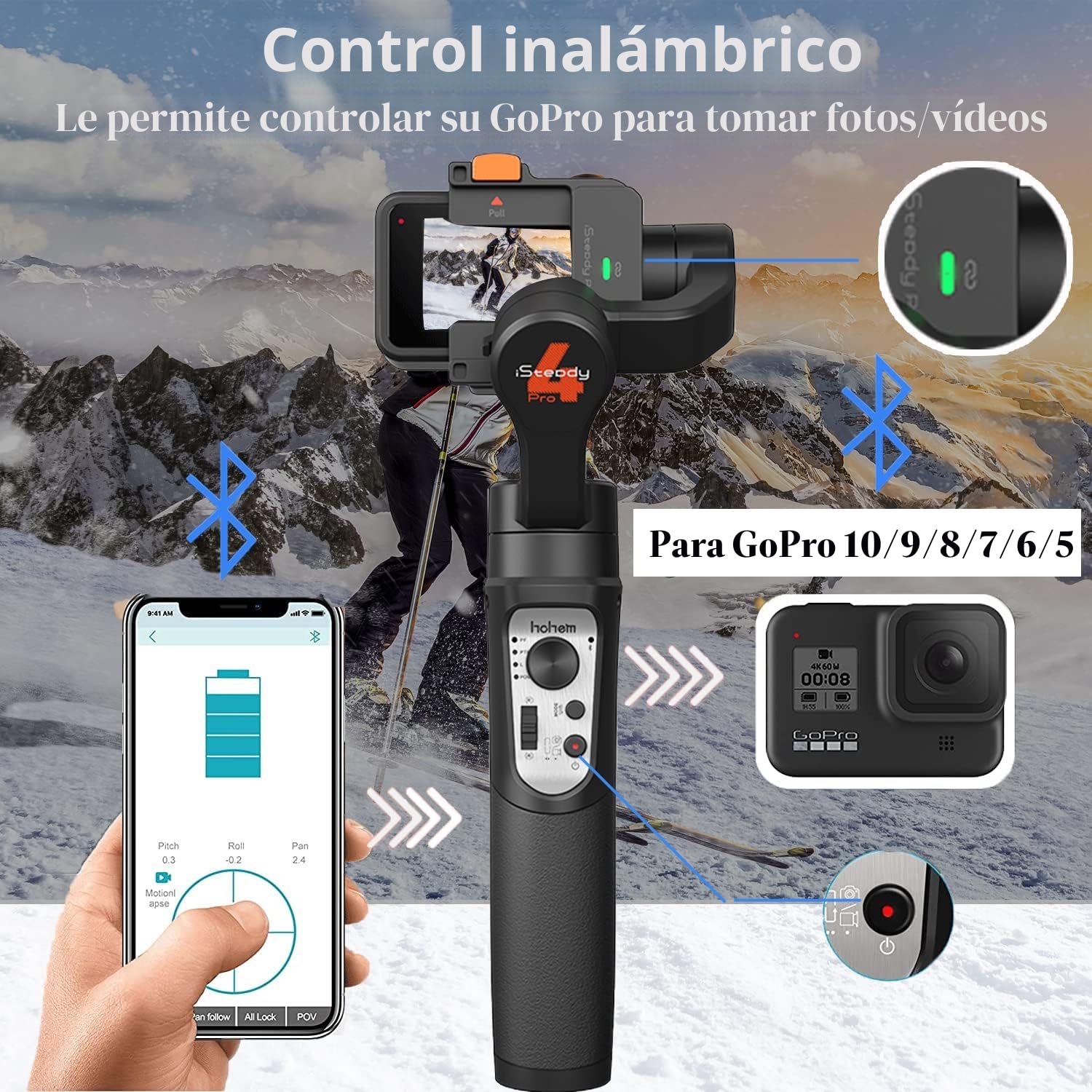 hohem iSteady Pro 4 Estabilizador Gimbal para Gopro Hero 13 12 11 10 9 8 7 6 5 Osmo Action Insta360 One R, Cámara Acción, Clip de Liberación Rápida, IPX4 a Prueba de Salpicaduras, Control Inalámbrico