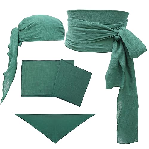KUOIN Pirate Sash Bandana 2 PCS, Medieval Linen Costume Accessory Waist Belt Headband Head Scarf - Darkgreen