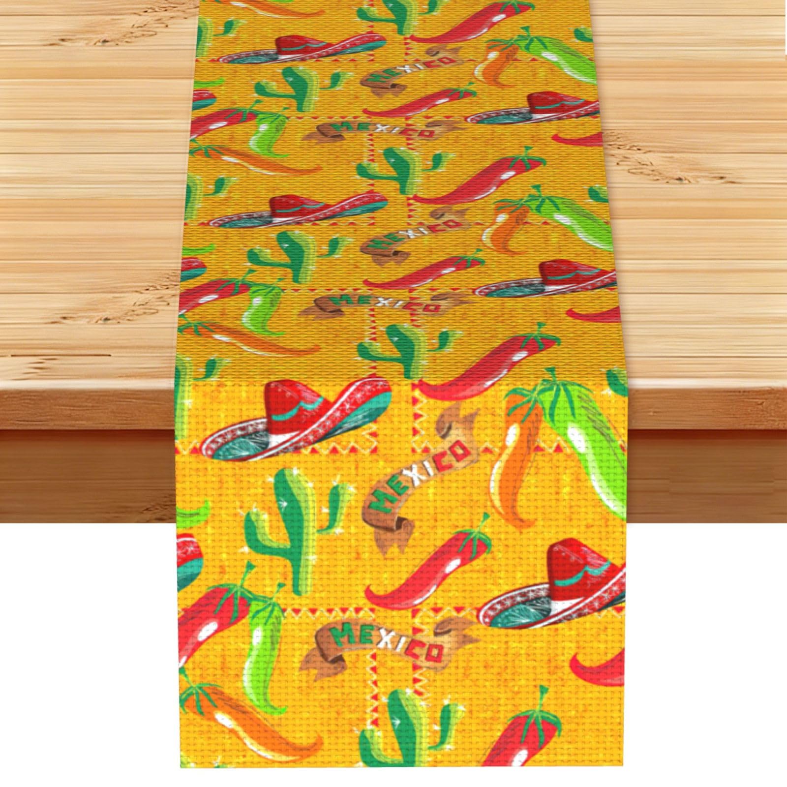 Cactus Hat and Chili Pepper Multi Purpose Table Runner for Home Decor, Printed Table Cloth for Kitchen Table, Countertops & Dining Area