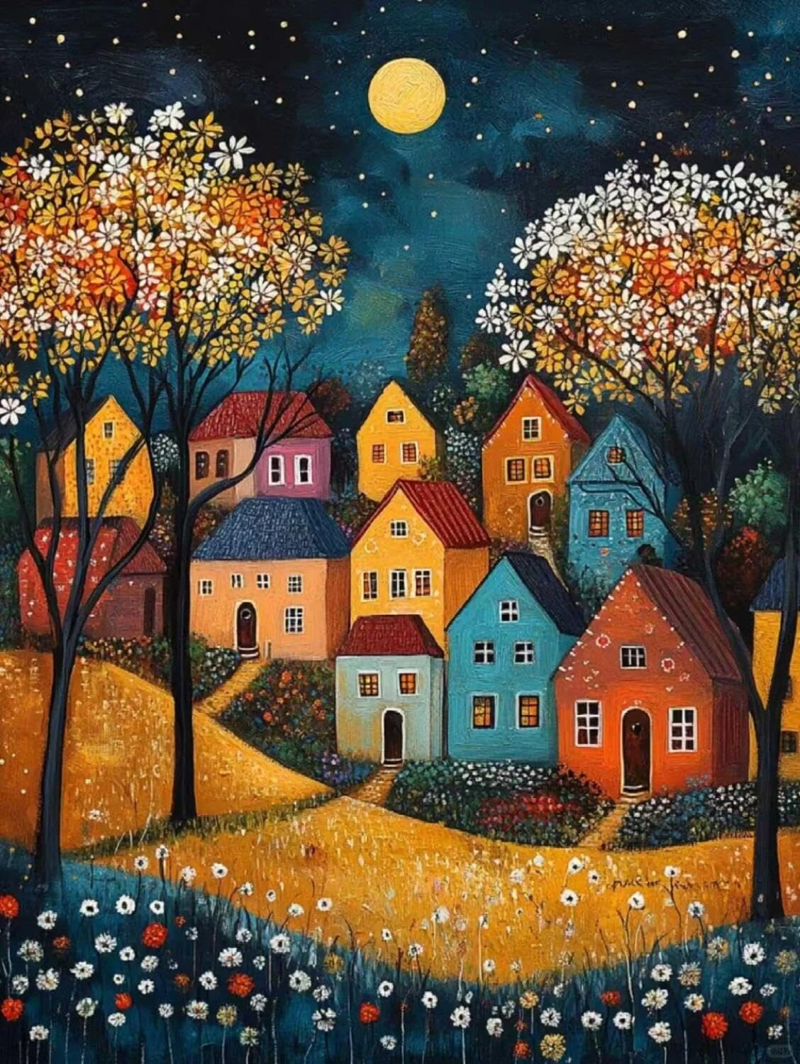Rqwybcaxn Seed Bead Embroidery Kits Starry Sky and Town 40x50cm