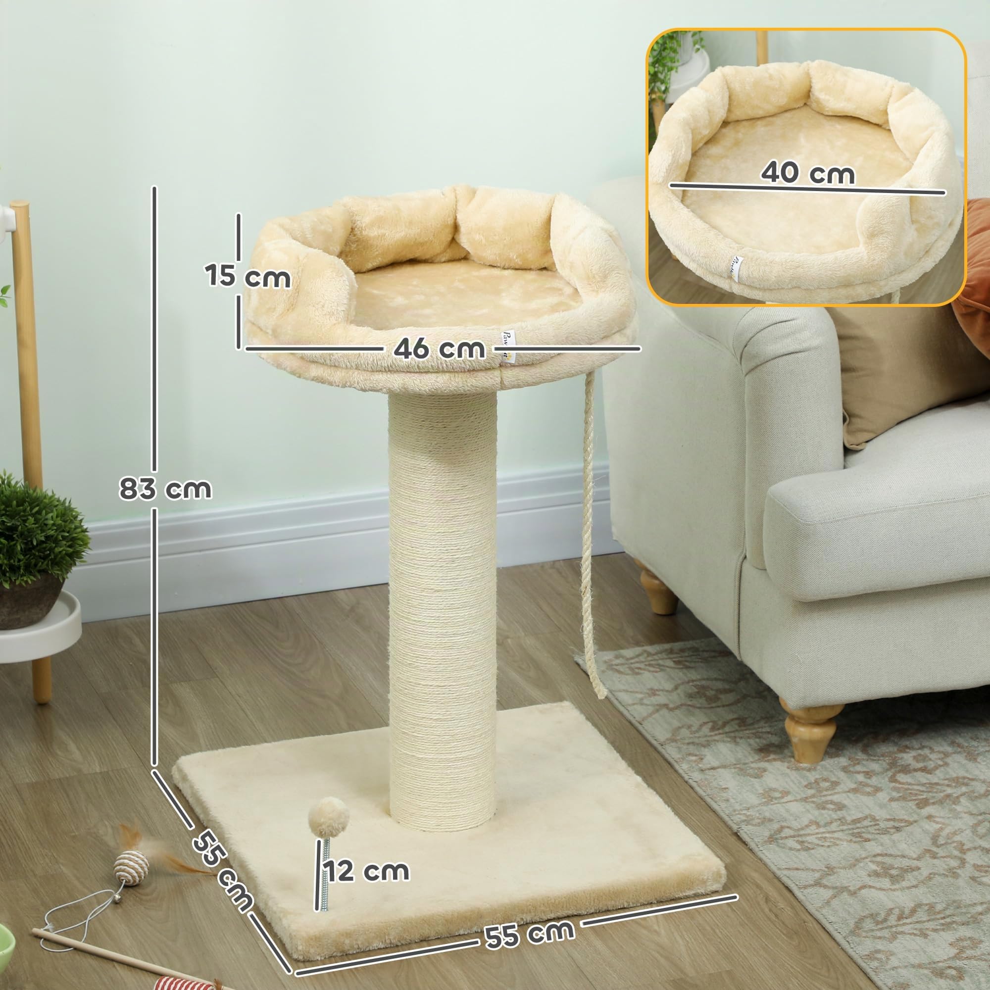 PawHut Árbol Rascador para Gatos Mini de 2 Niveles 55x55x83 cm Beige | Mini Árbol para Gatos, Plataforma, Bola con Muelle, Cuerda Colgante, Poste de Sisal