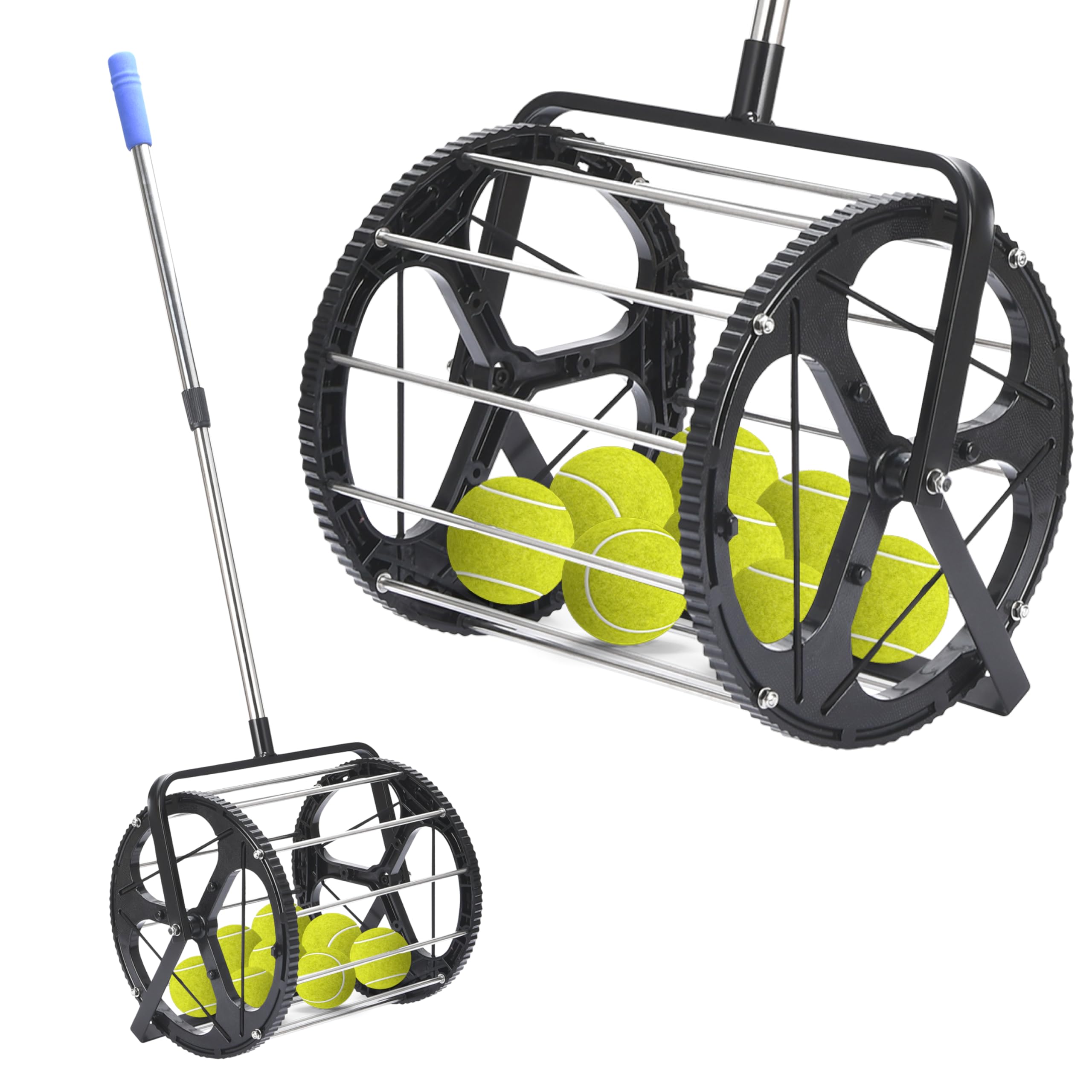 Effekt Manufaktur Rouleau de balle de tennis - Capacité de 50 balles - Barre télescopique réglable en métal - Convient pour toutes les surfaces - Noir avec poignée bleue - 34,2 x 109,5 cm